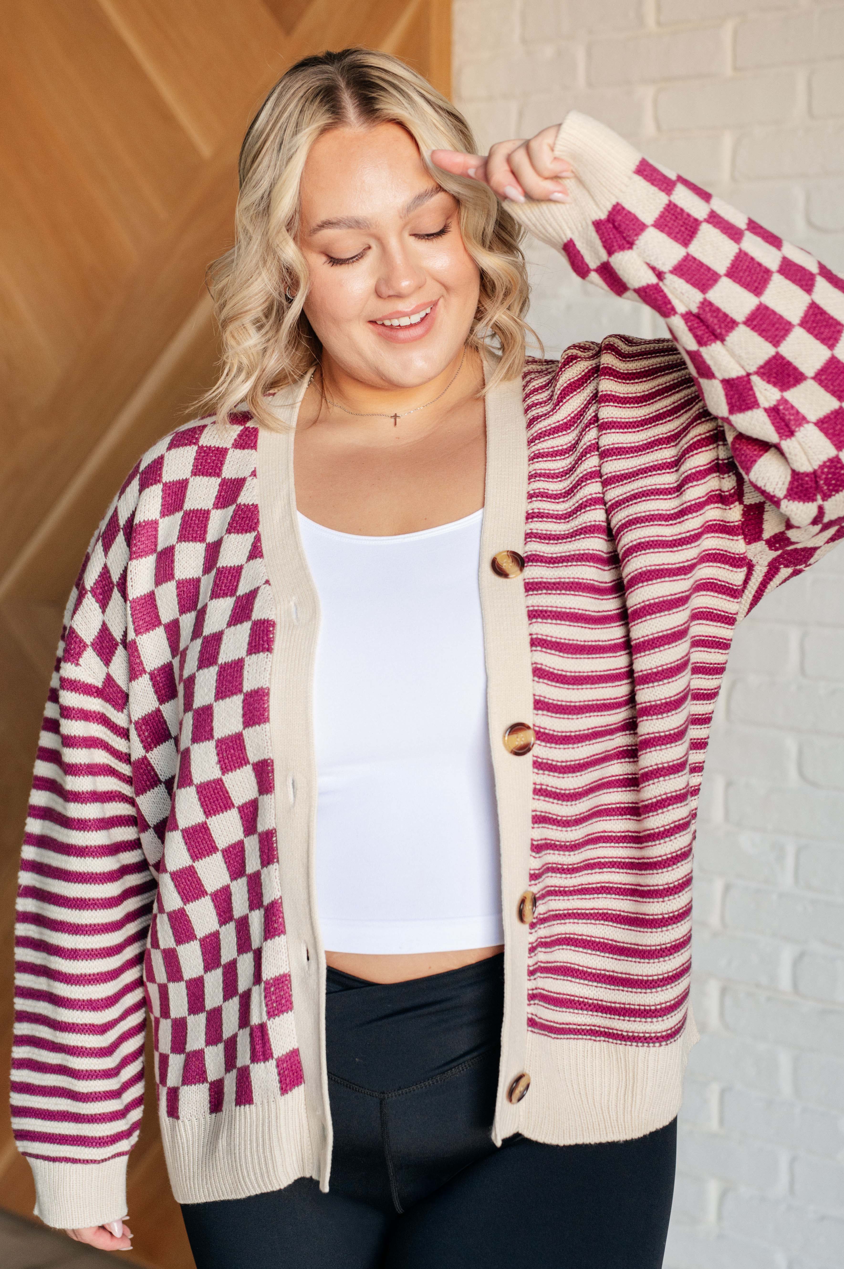 Haptics No Brainer Button Down Sweater Knit Cardigan in Magenta/Oatmeal Cardigan