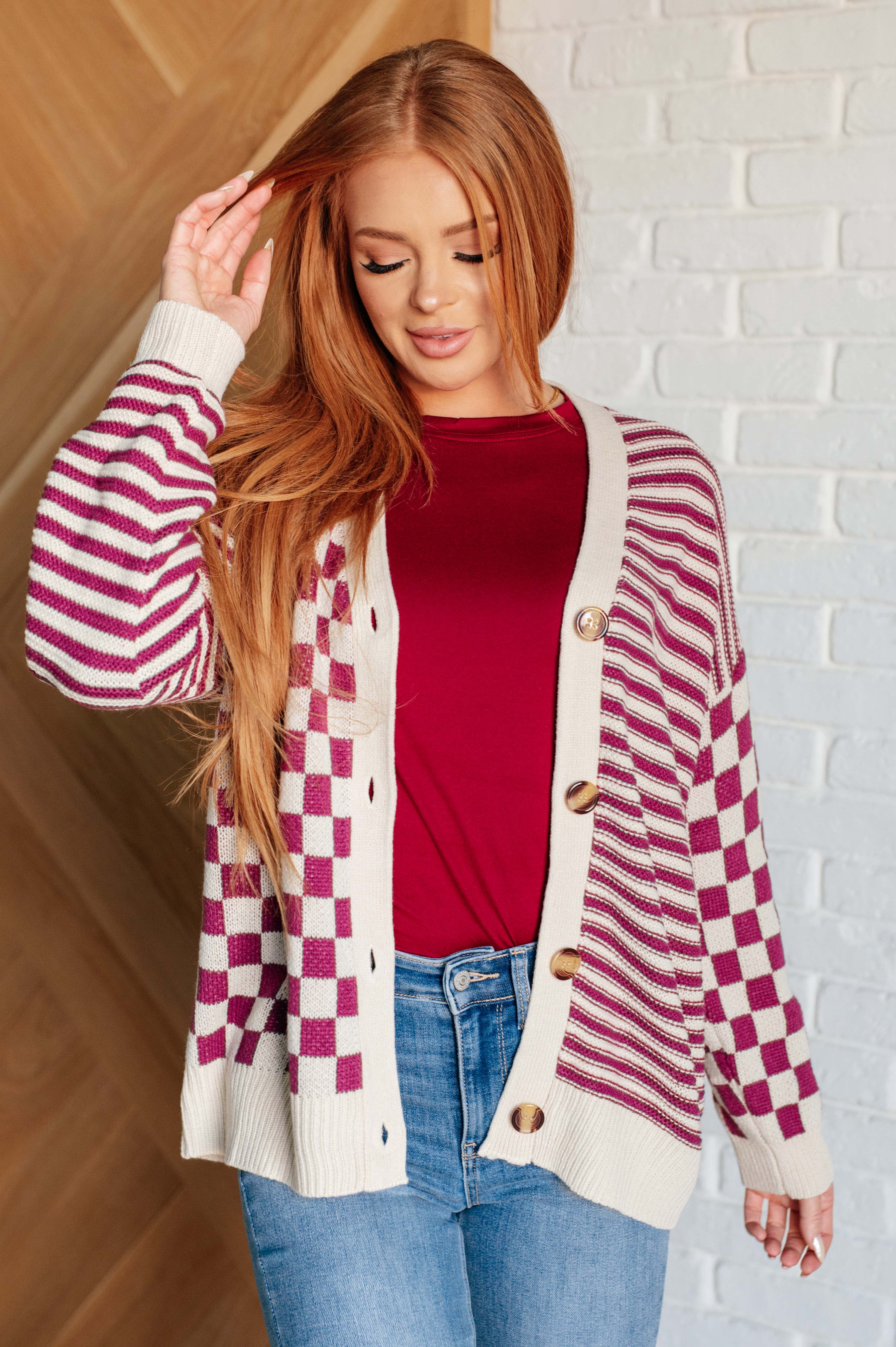 Haptics No Brainer Button Down Sweater Knit Cardigan in Magenta/Oatmeal Cardigan