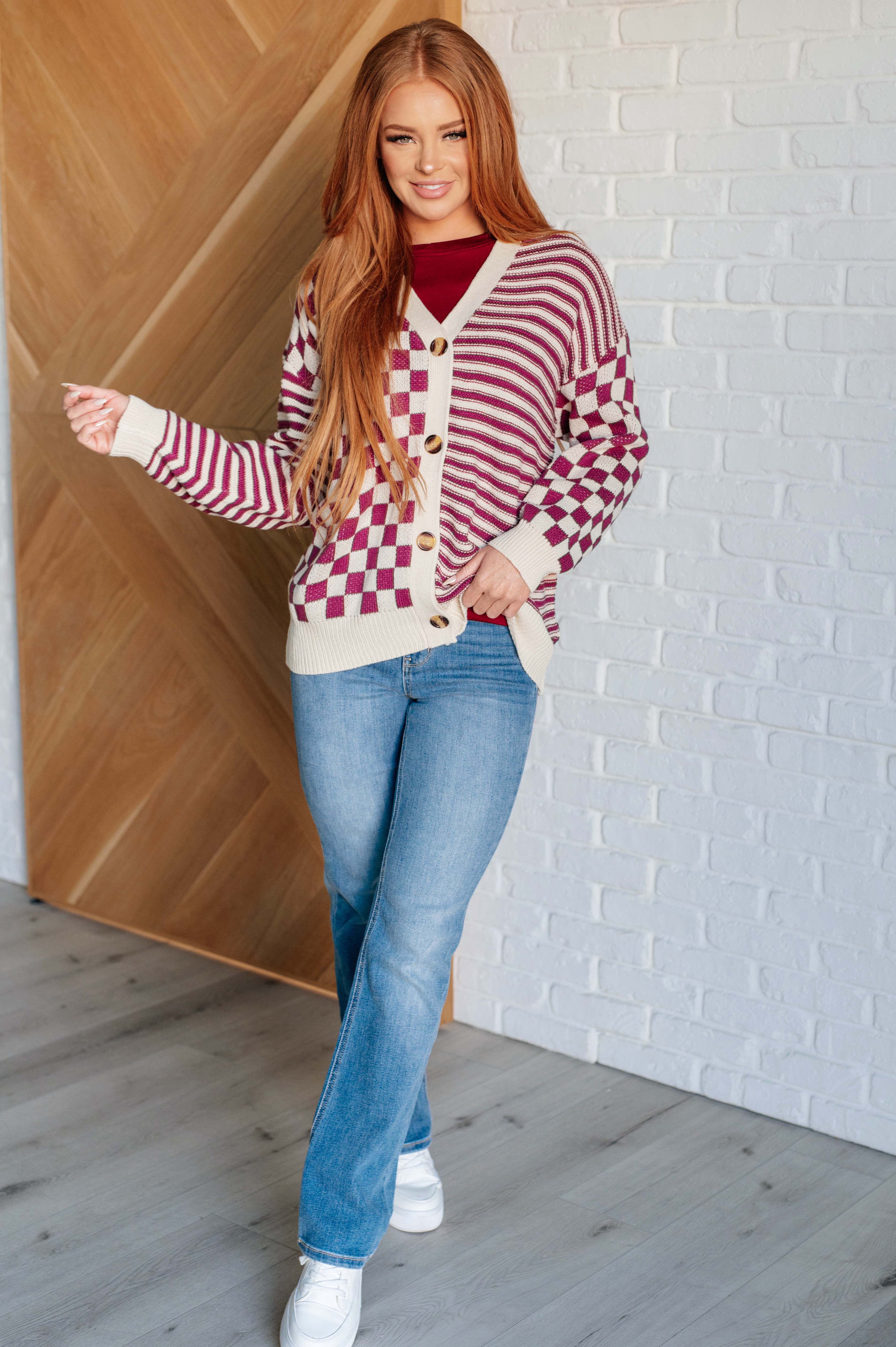 Haptics No Brainer Button Down Sweater Knit Cardigan in Magenta/Oatmeal Cardigan