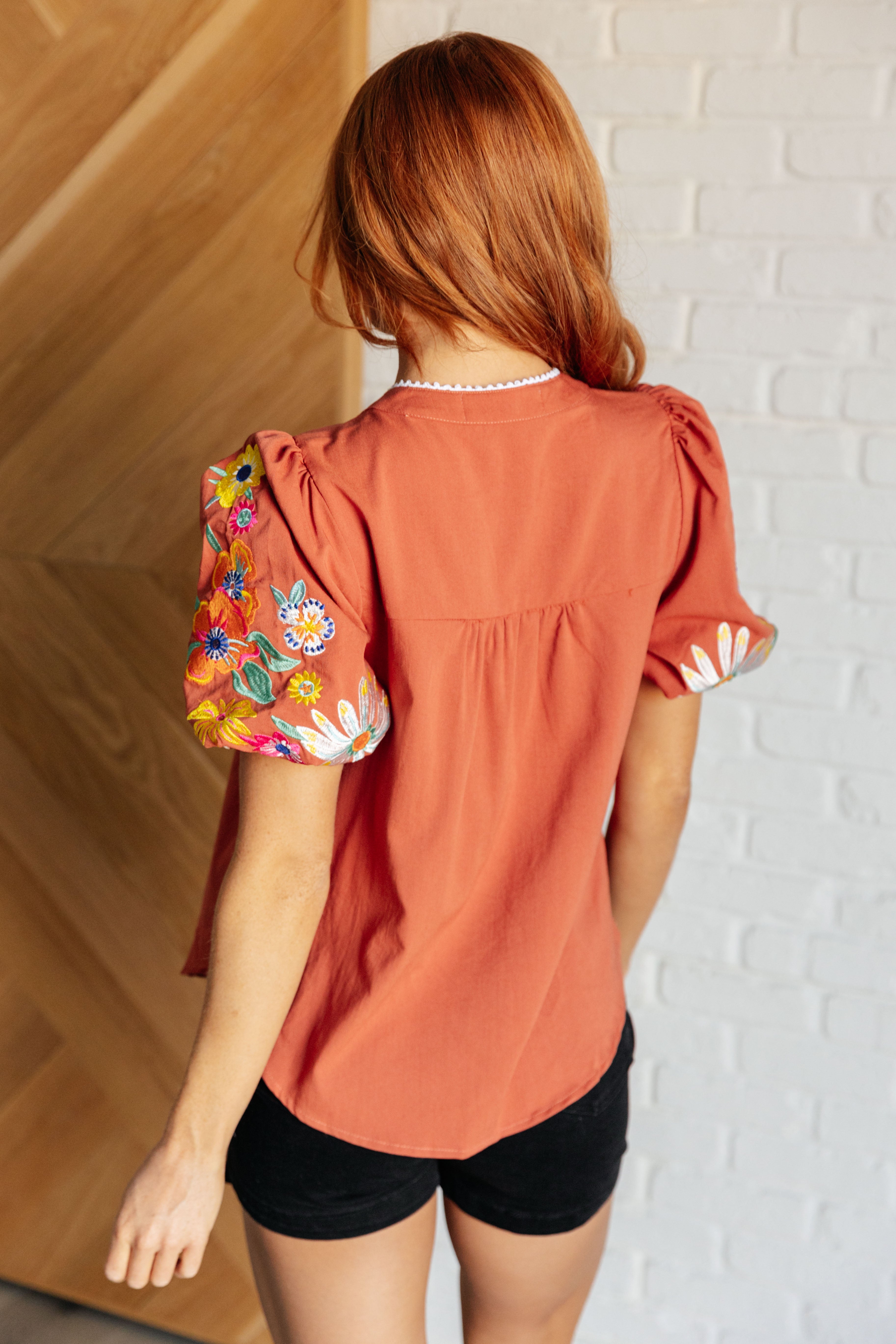 One Eleven North No Concerns Embroidered Sleeve Blouse Blouses