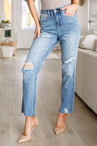Judy Blue Nora High Rise Rigid Magic Destroy Slim Straight Jeans Final SLale Monday Markdown 06-10