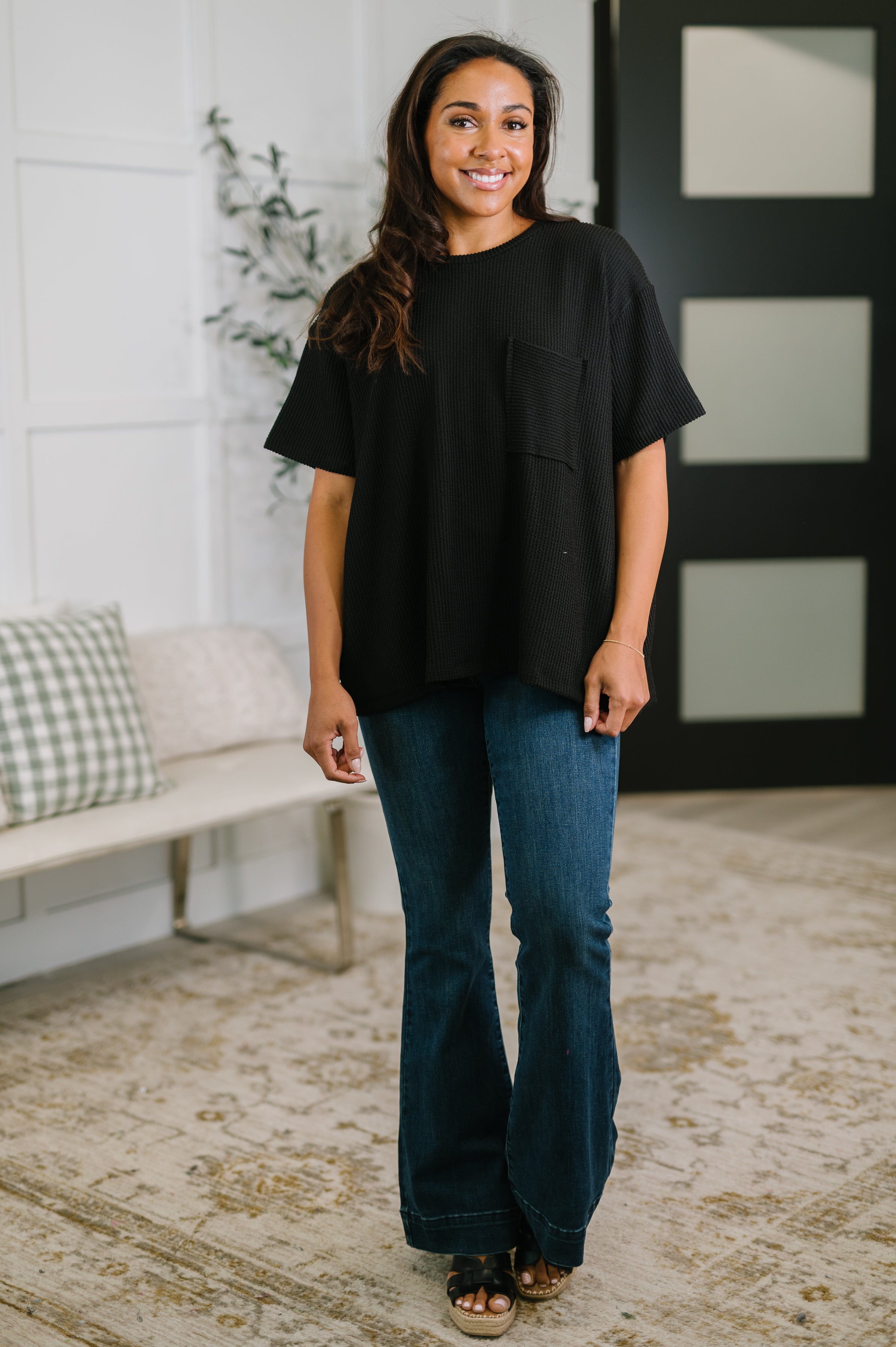 Zenana Not That complicated Textured Boxy Tee in Black Womens