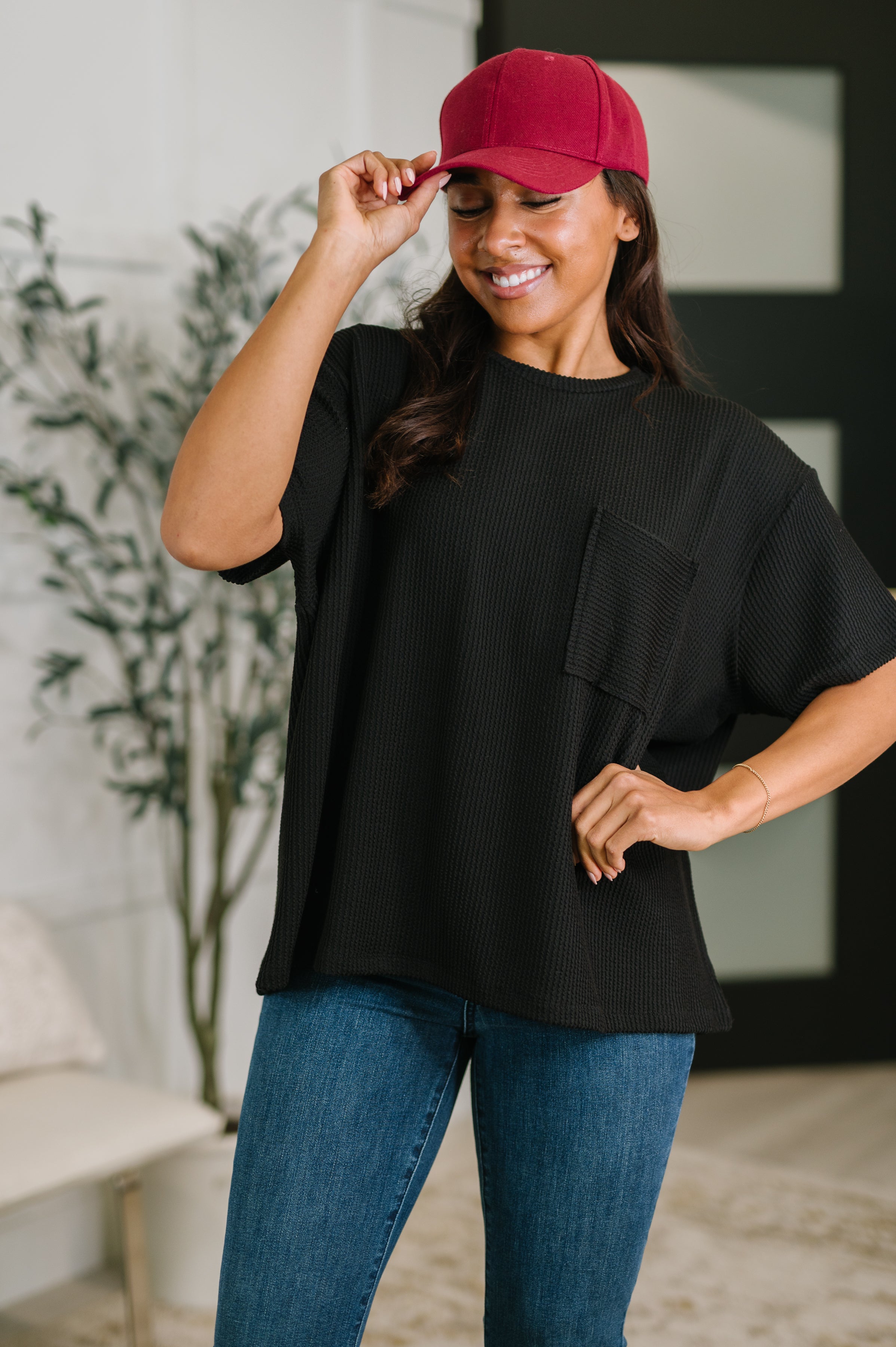 Zenana Not That complicated Textured Boxy Tee in Black Womens