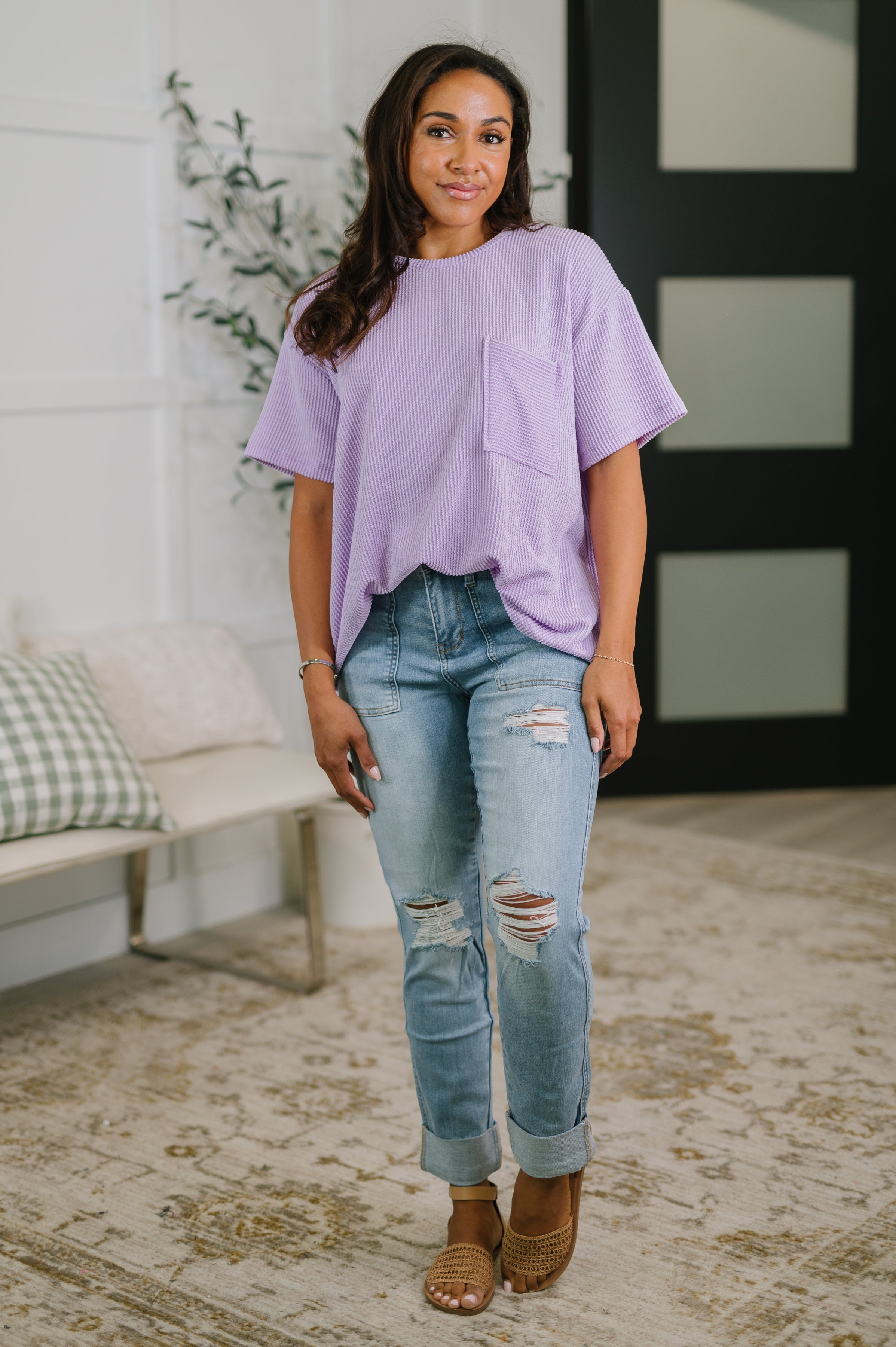 Zenana Not That complicated Textured Boxy Tee in Lavender Womens