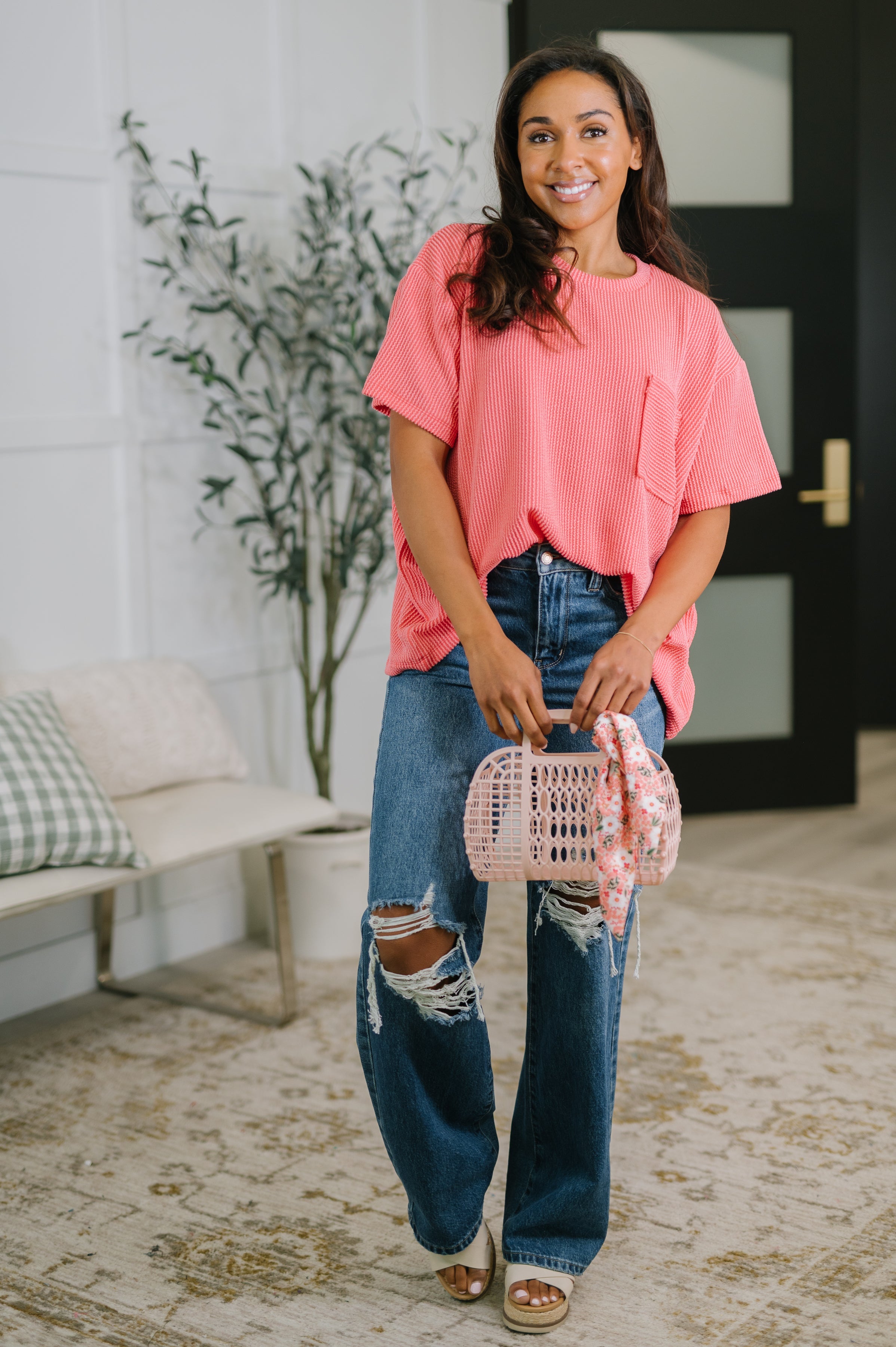 Zenana Not That complicated Textured Boxy Tee in Salmon Womens