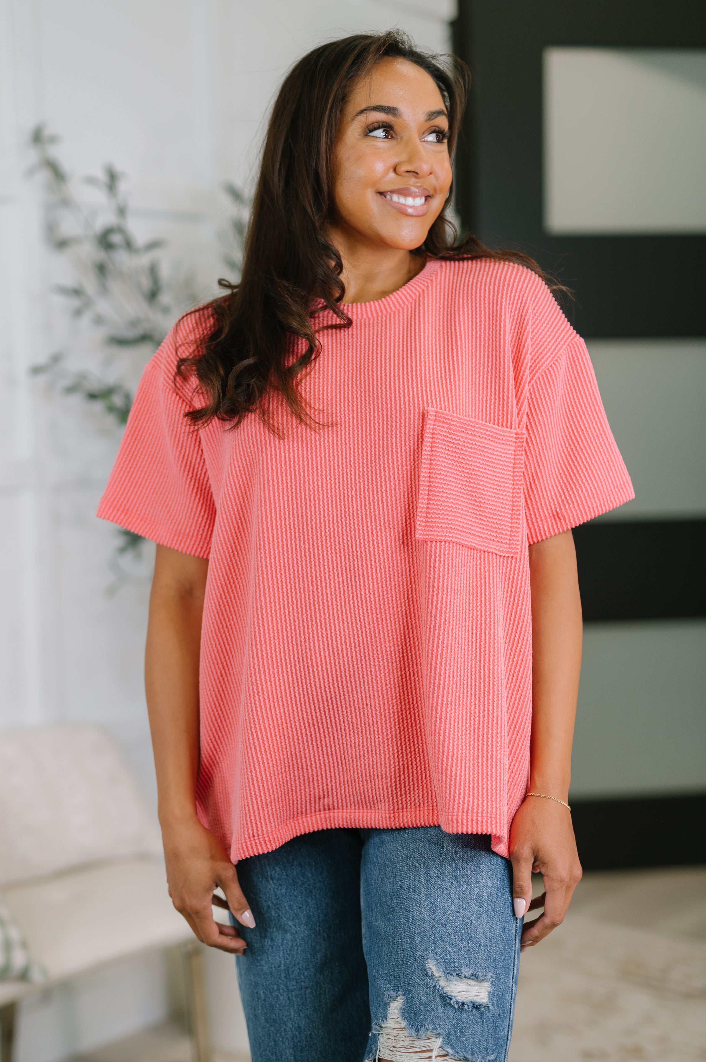 Zenana Not That complicated Textured Boxy Tee in Salmon Womens