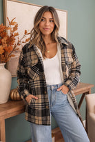 Haptics Cozy Plaid Sherpa Lined Shacket in Khaki Black