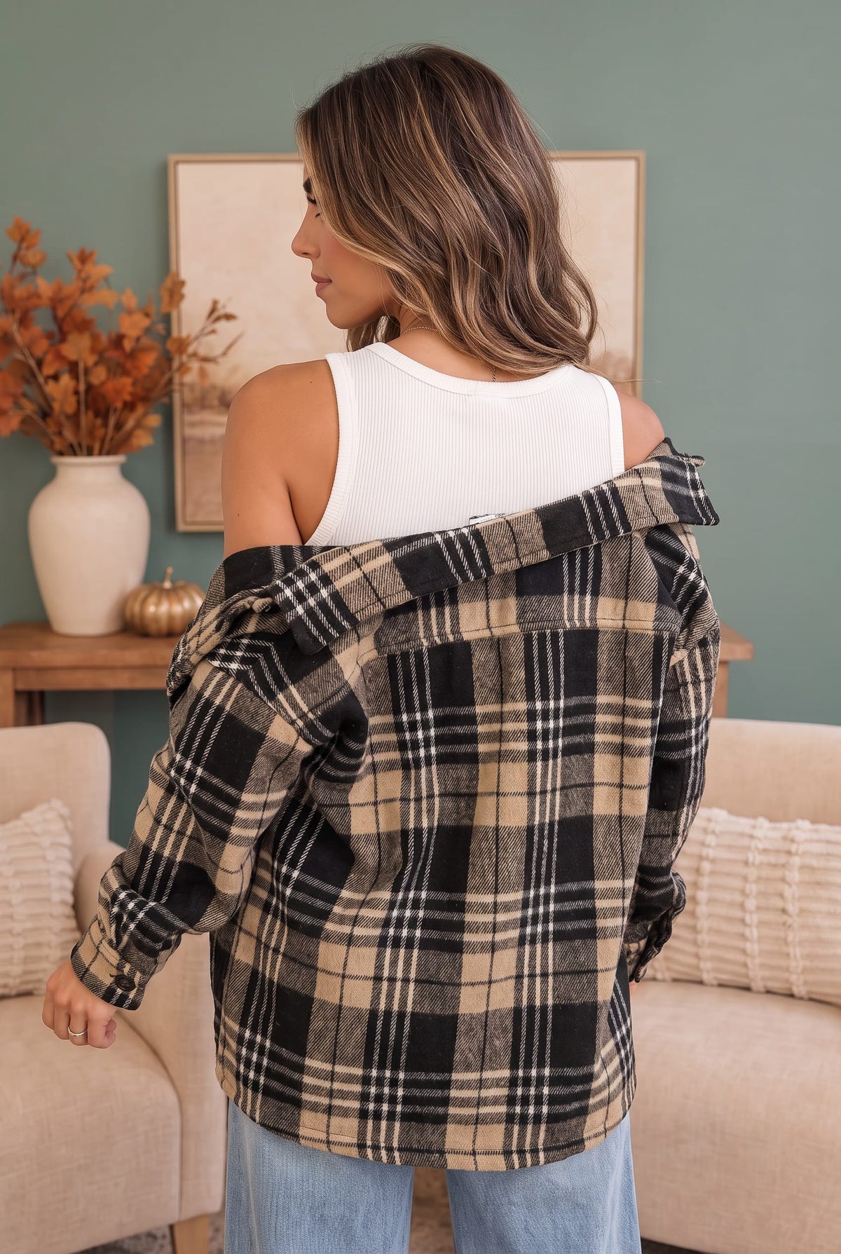 Haptics Cozy Plaid Sherpa Lined Shacket in Khaki Black
