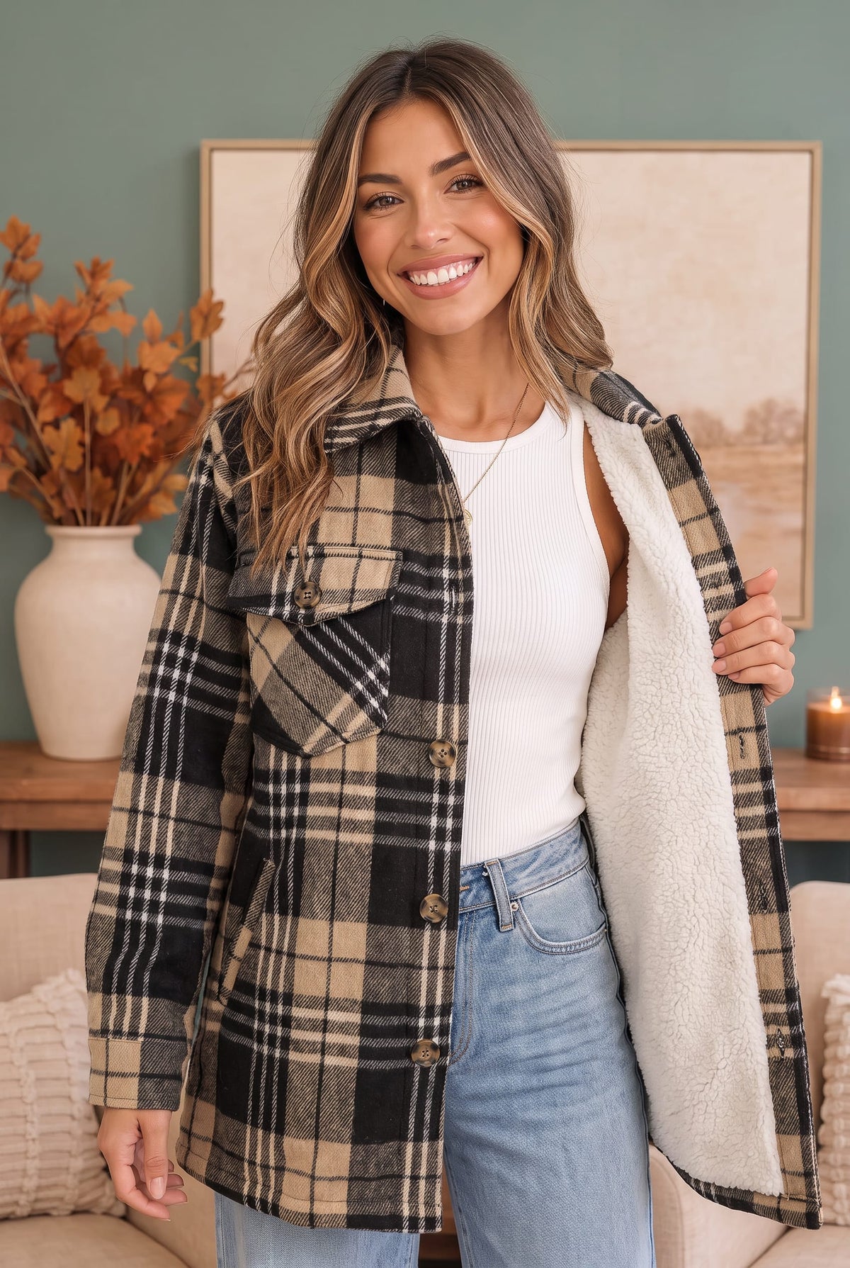 Haptics Cozy Plaid Sherpa Lined Shacket in Khaki Black