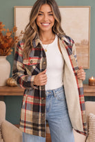 Haptics Cozy Plaid Sherpa Lined Shacket in Coffee