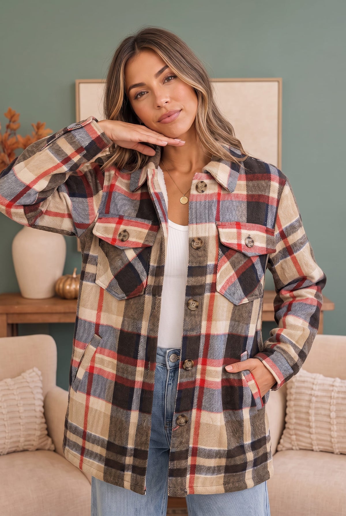 Haptics Cozy Plaid Sherpa Lined Shacket in Coffee