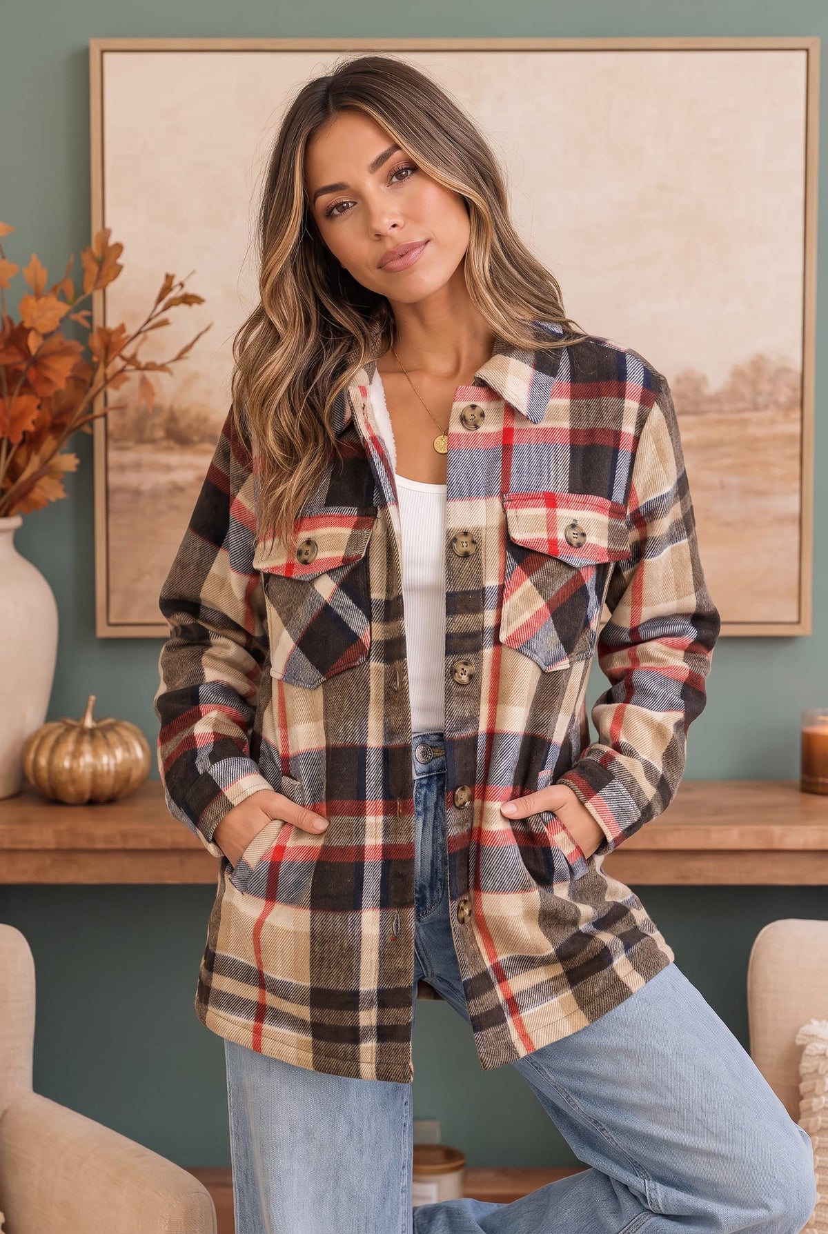 Haptics Cozy Plaid Sherpa Lined Shacket in Coffee