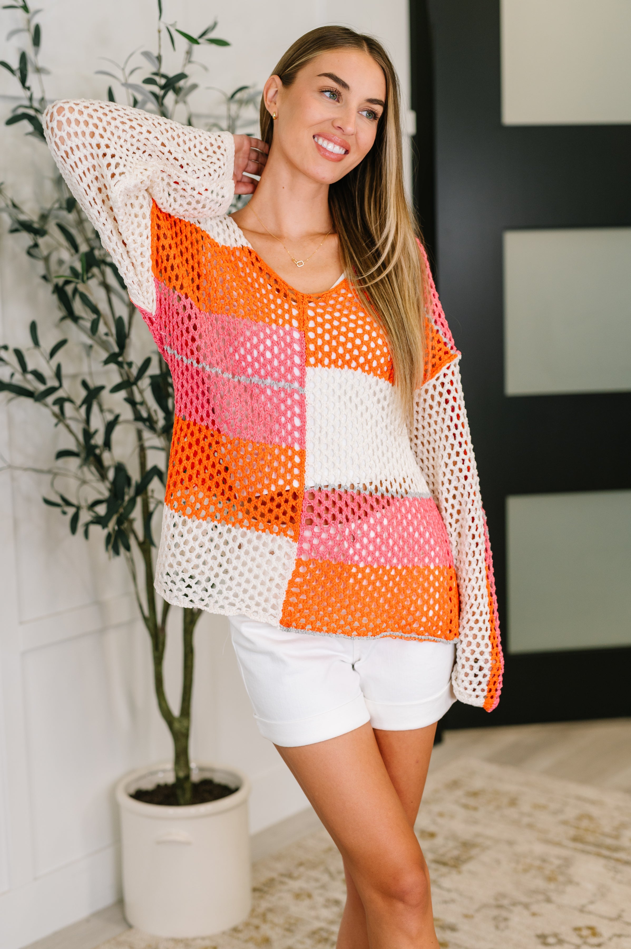 Very J Off the Grid Net Color Block Layering Top Large Womens