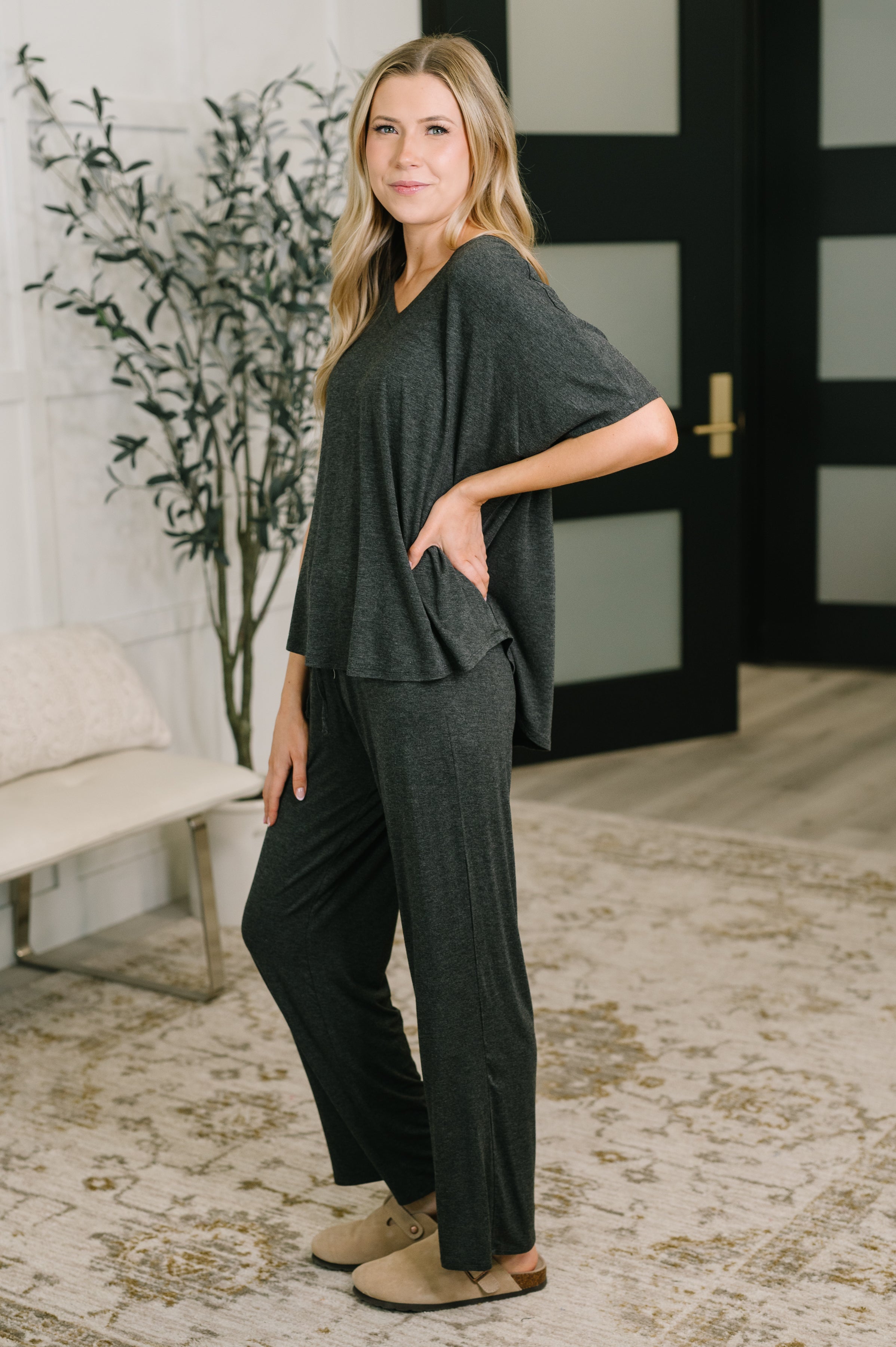 Ol' Reliable Top and Bottom Lounge Set in Charcoal Womens