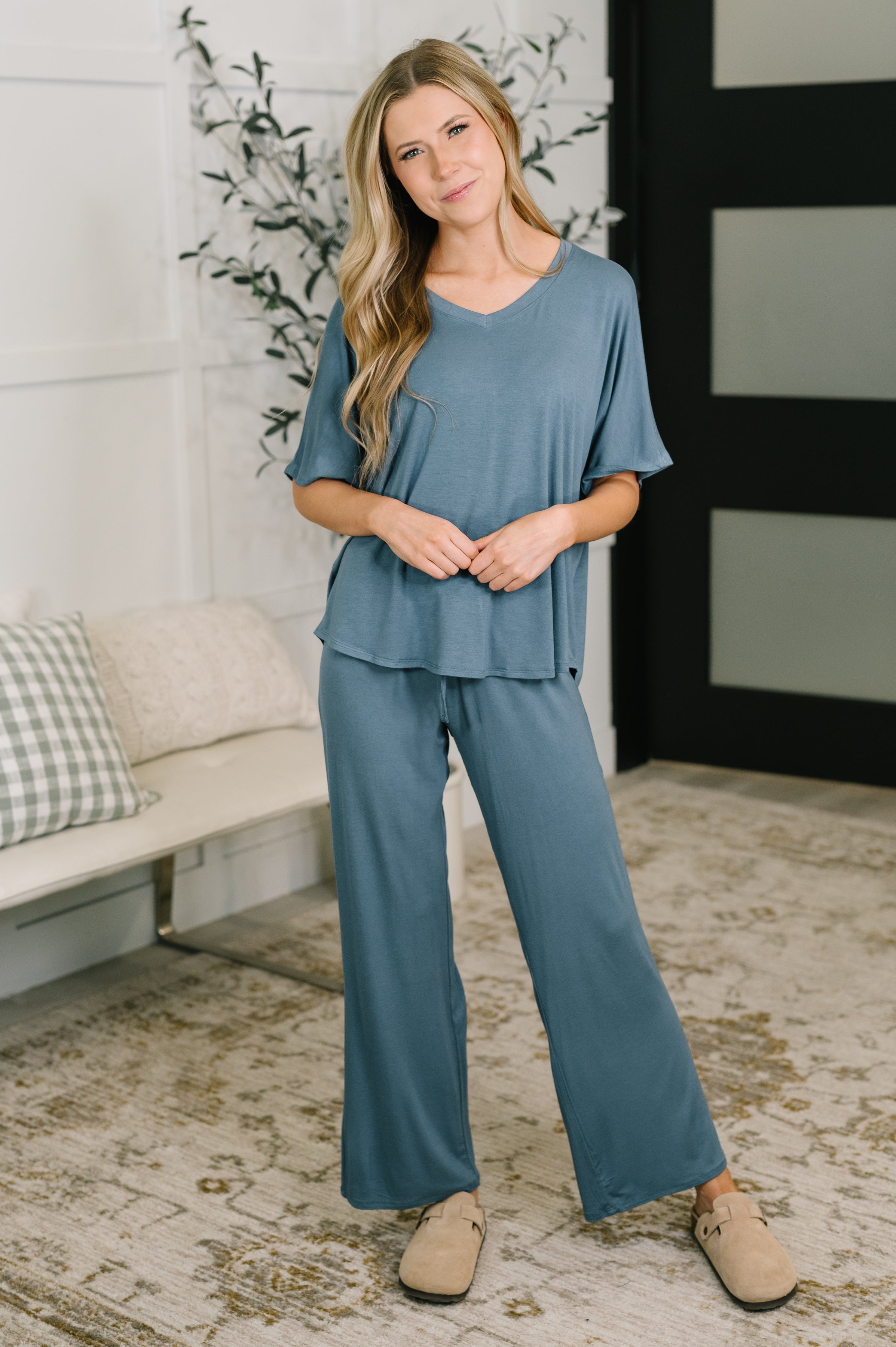 Ol' Reliable Top and Bottom Lounge Set in Dusty Blue Womens