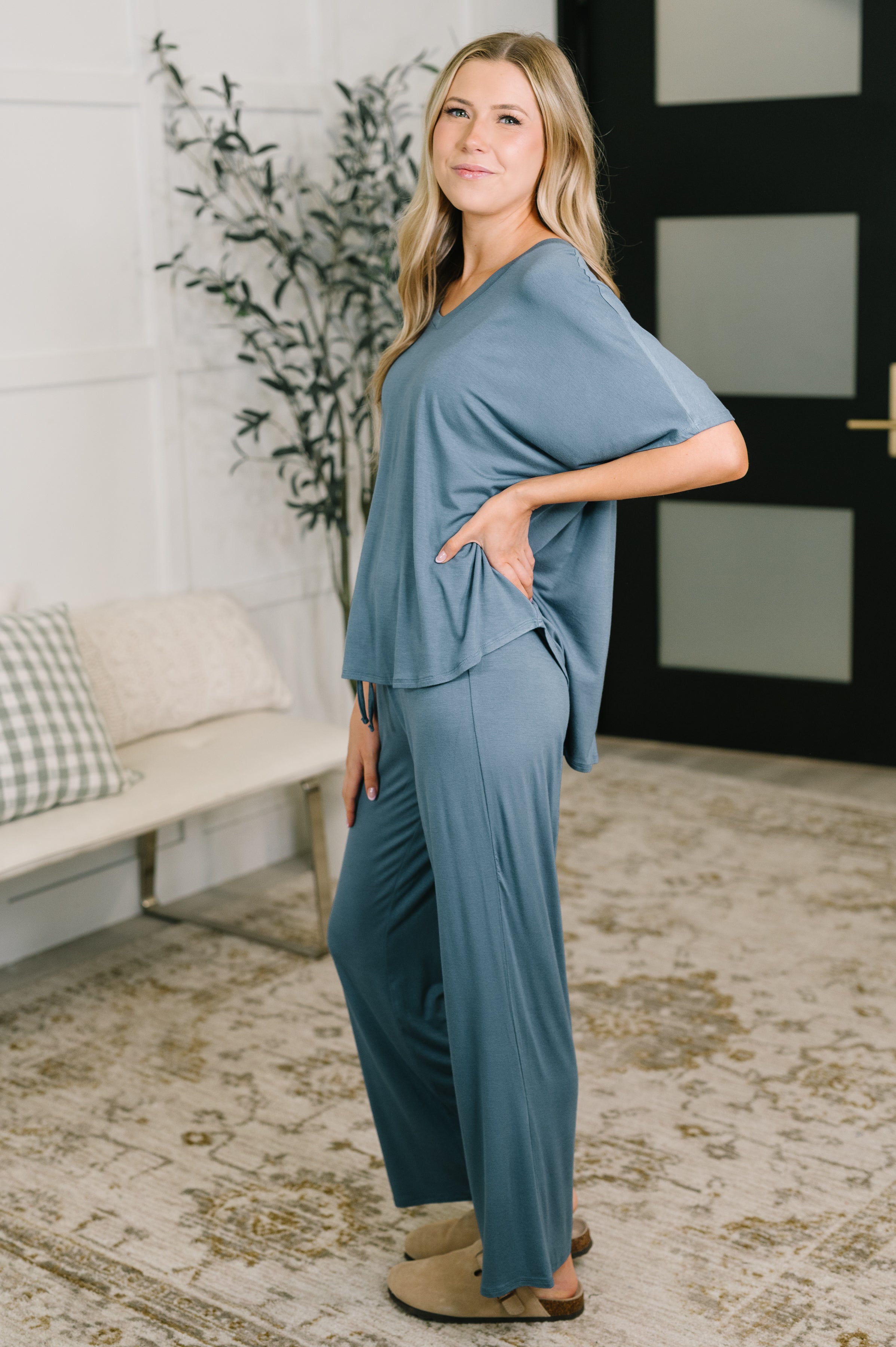 Ol' Reliable Top and Bottom Lounge Set in Dusty Blue Womens