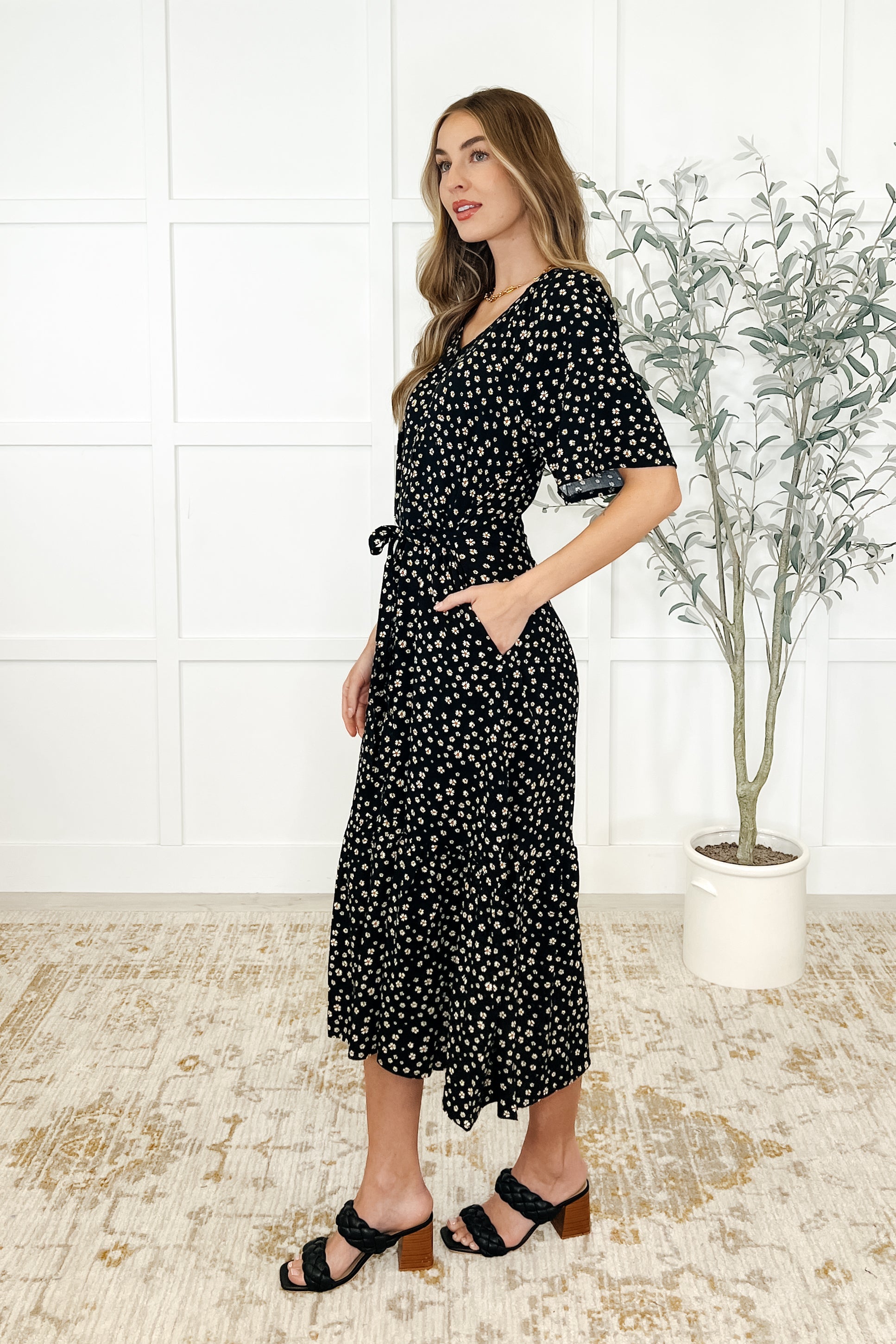 Honey Mark Olive Dress Daisy Blossoms Womens