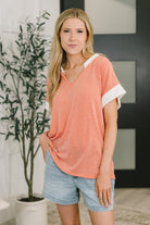 7th Ray One Piece at a Time V-Neck Short Sleeve Top in Coral Womens
