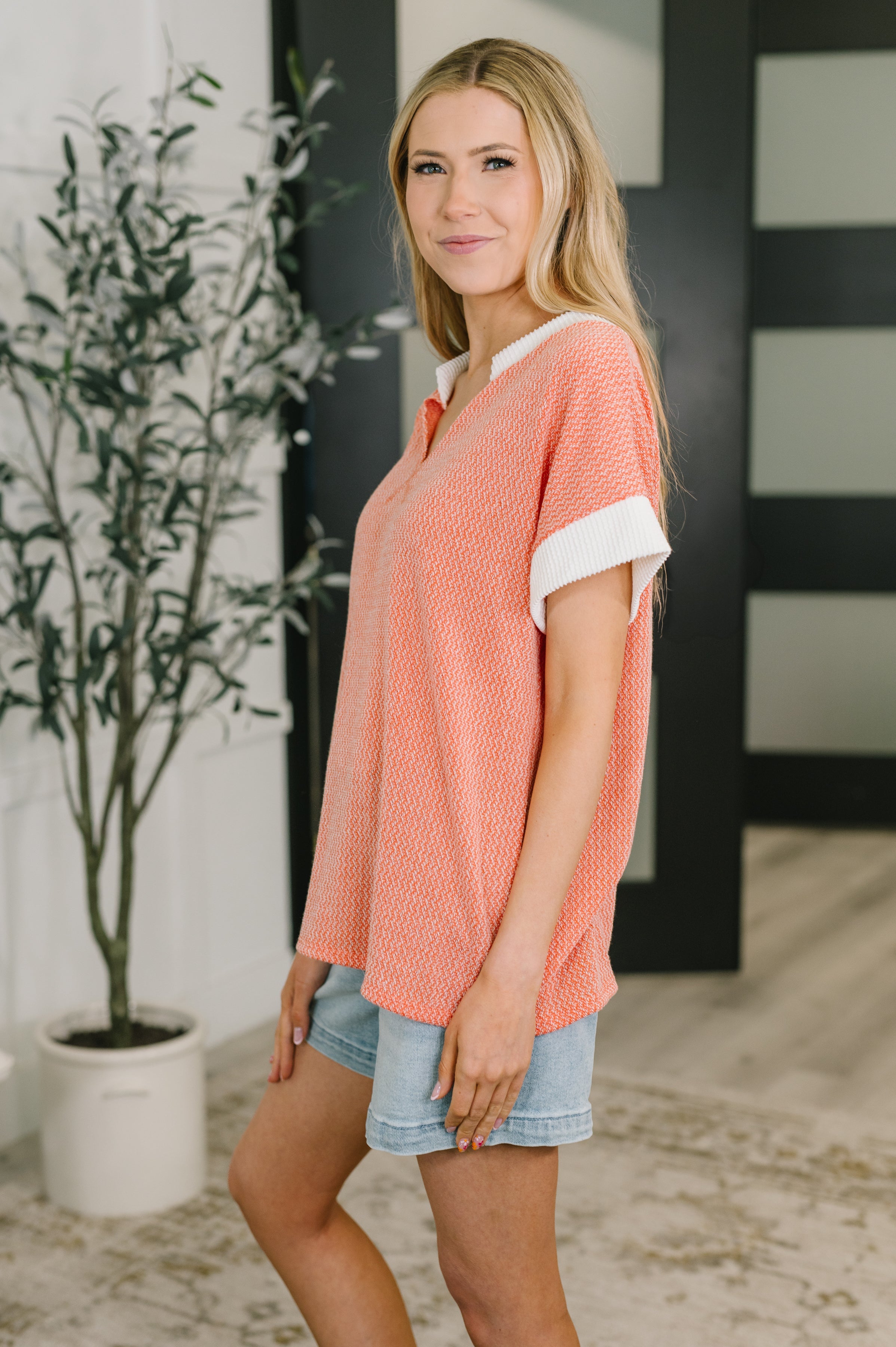 7th Ray One Piece at a Time V-Neck Short Sleeve Top in Coral Womens