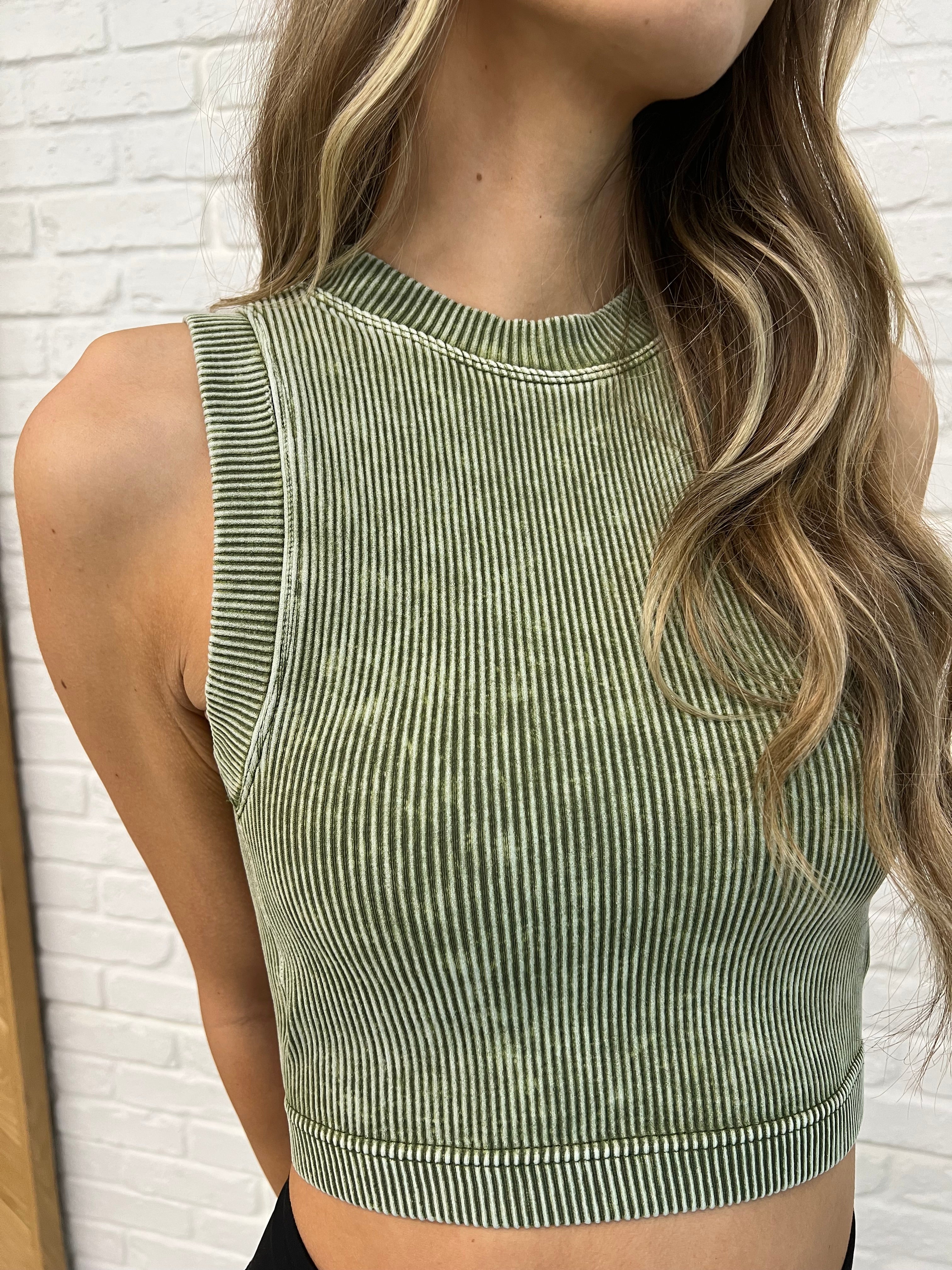 Zenana Over and Out Cropped Ribbed Tank in Ash Olive Womens