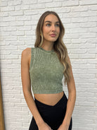 Zenana Over and Out Cropped Ribbed Tank in Ash Olive Womens