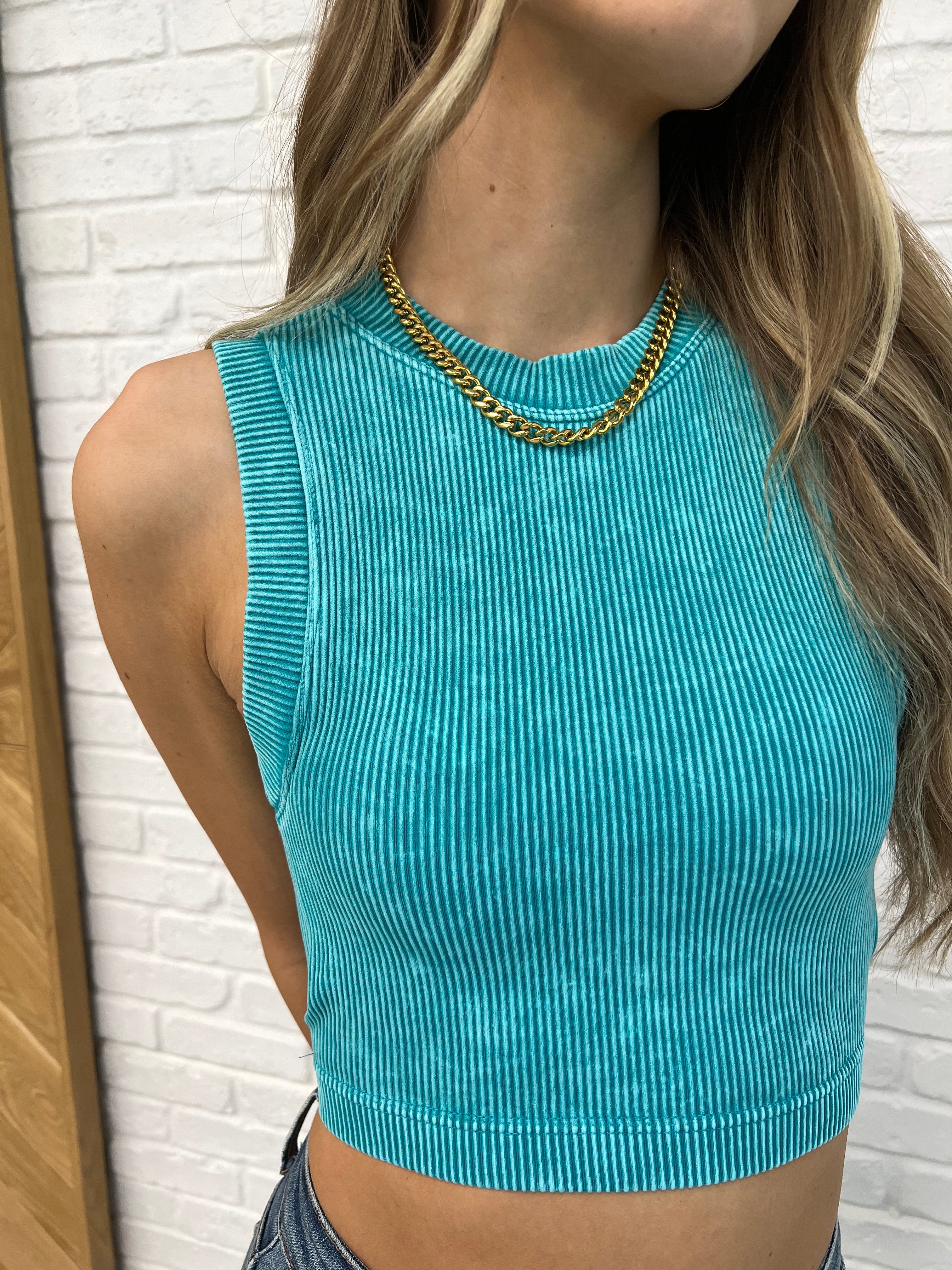 Zenana Over and Out Cropped Ribbed Tank in Lt Teal Womens