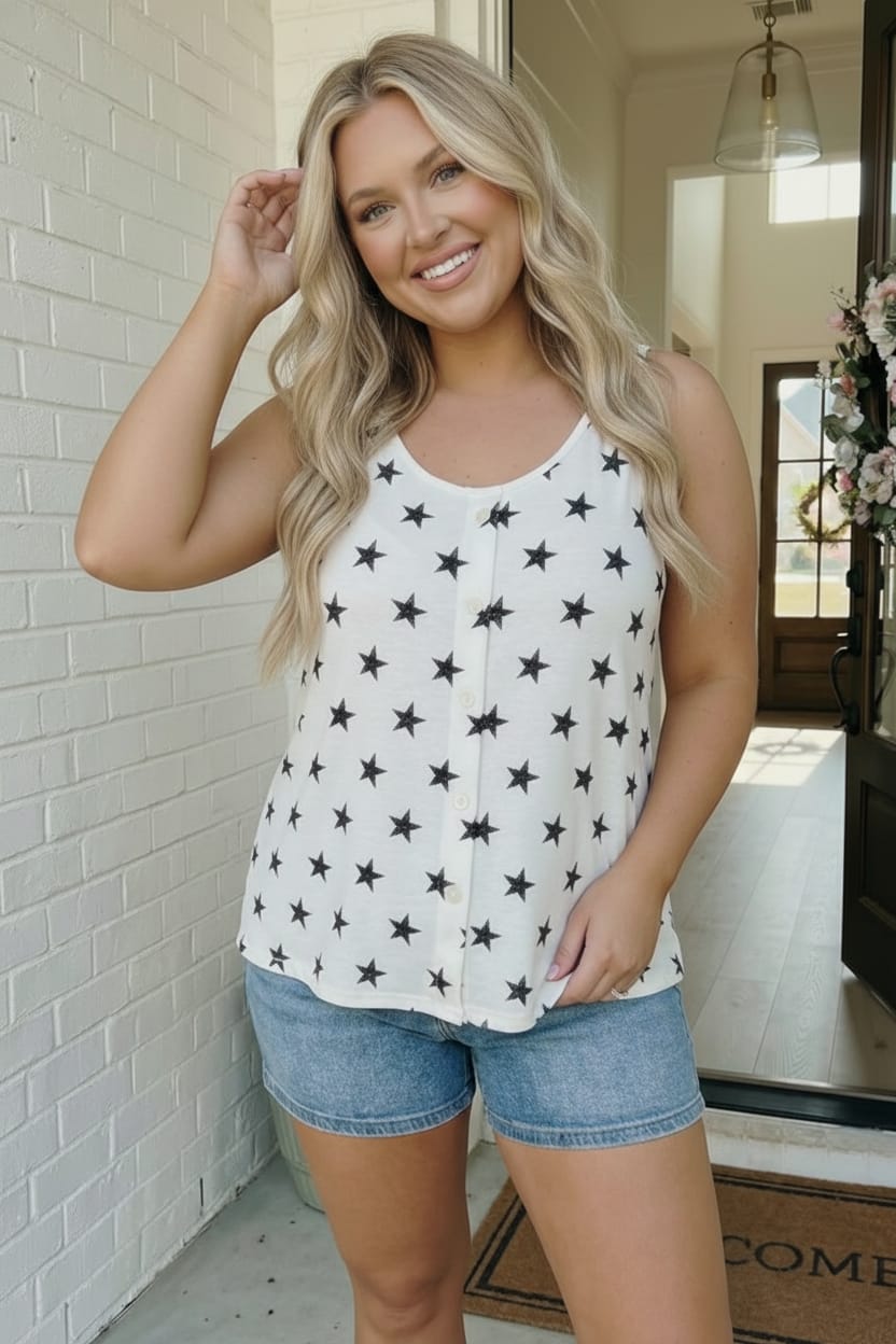 Plus Size P.S. Knit White Star Print Button Front Tank Top