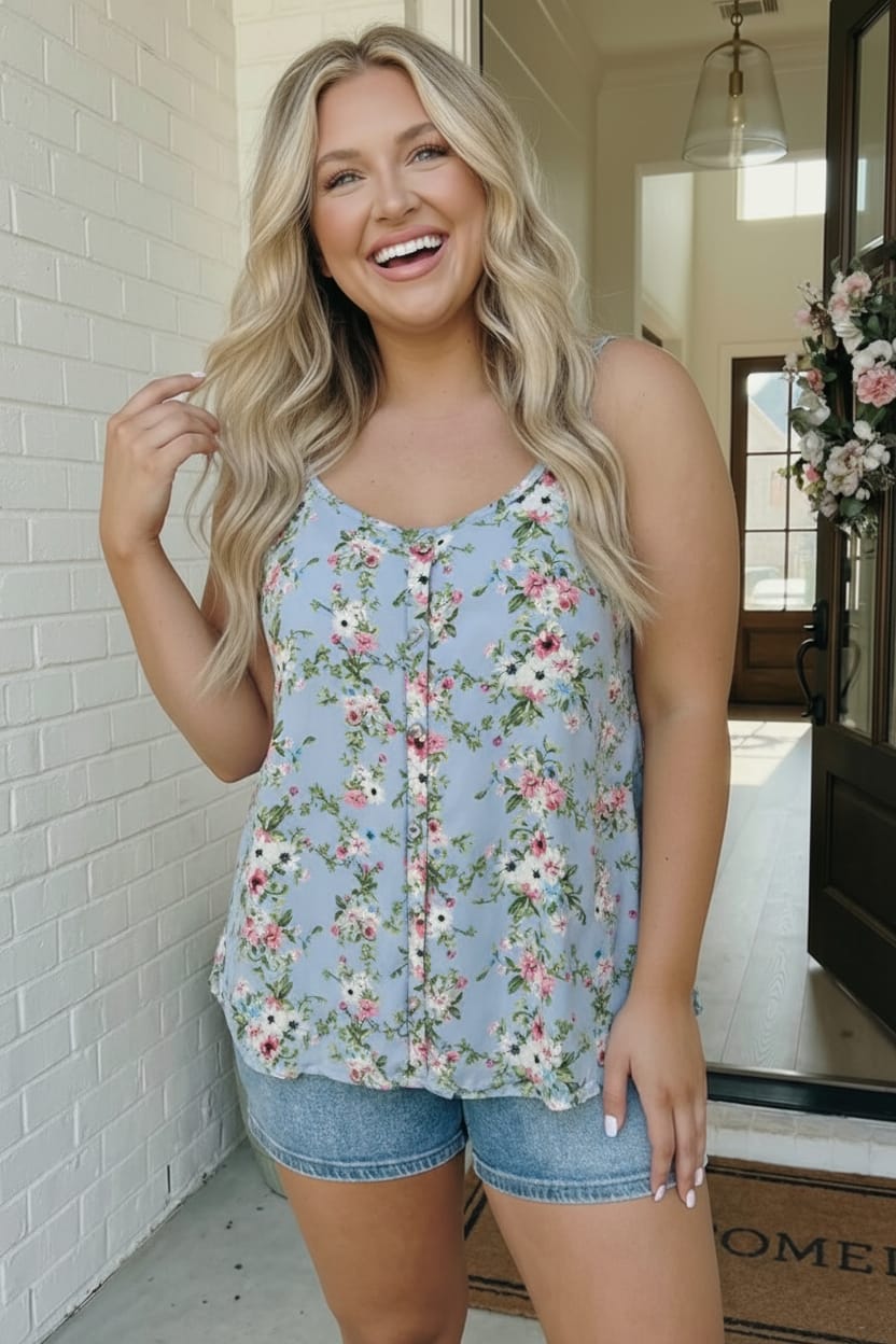 P.S. Kate Garden Party Ready Floral Button Tank