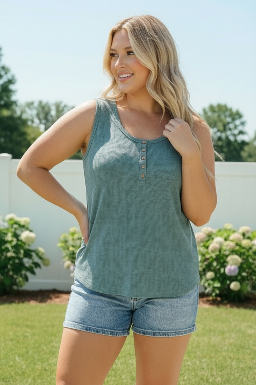 P.S. Kate Waffle Knit Henley Tank in Dusty Teal