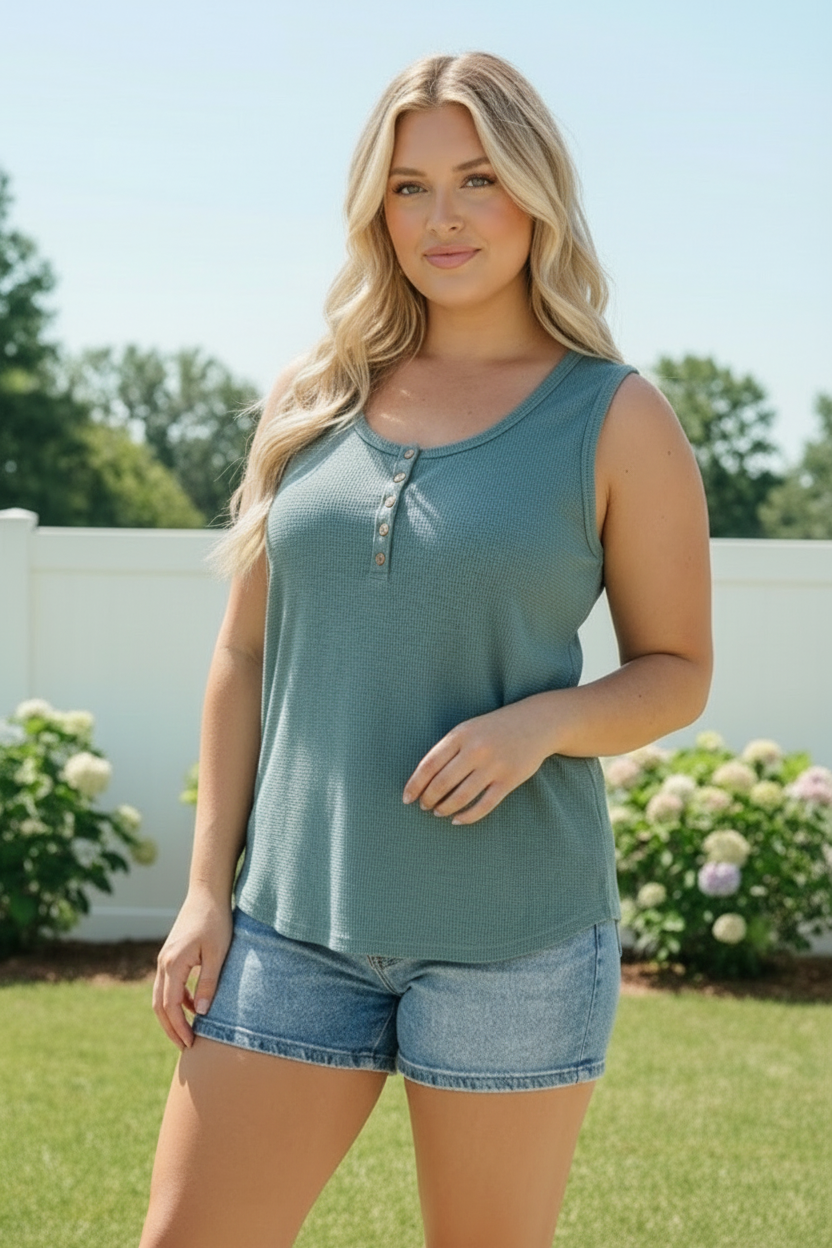 P.S. Kate Waffle Knit Henley Tank in Dusty Teal