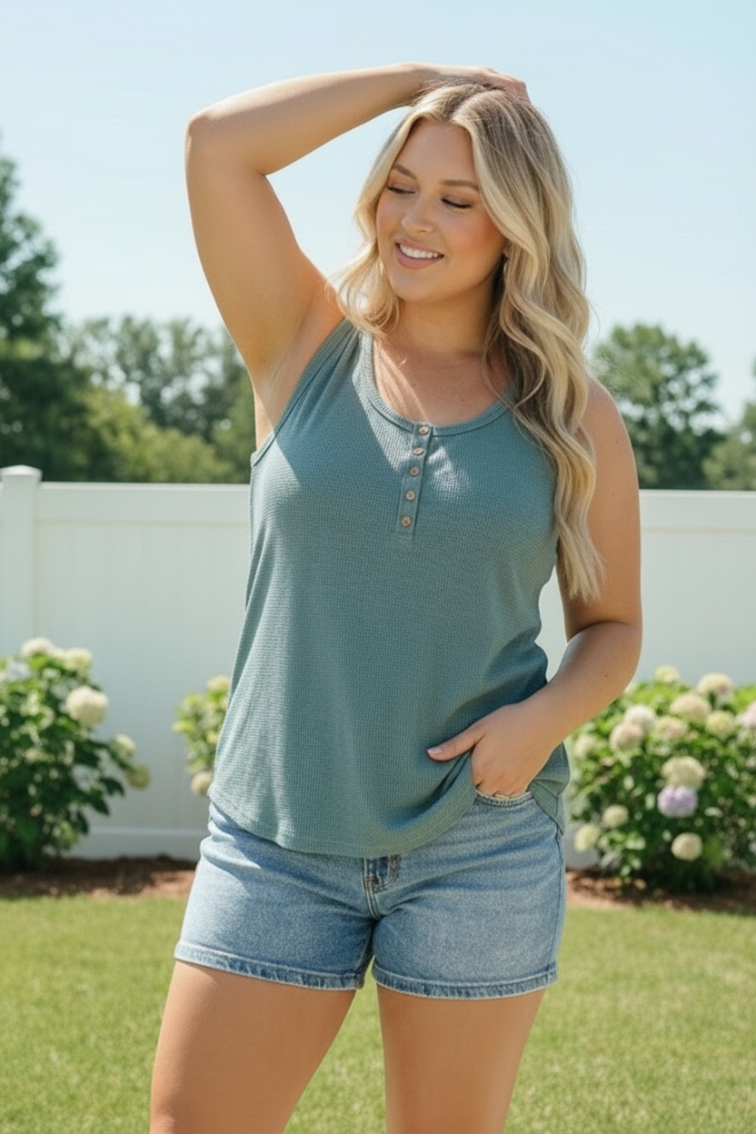 P.S. Kate Waffle Knit Henley Tank in Dusty Teal