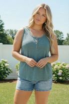 P.S. Kate Waffle Knit Henley Tank in Dusty Teal