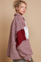 POL Red Multi Houndstooth Contrast Cable Knit Pocket Shacket Ruby Idol Apparel