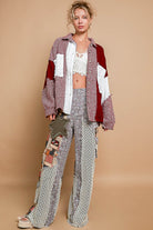 POL Red Multi Houndstooth Contrast Cable Knit Pocket Shacket Ruby Idol Apparel