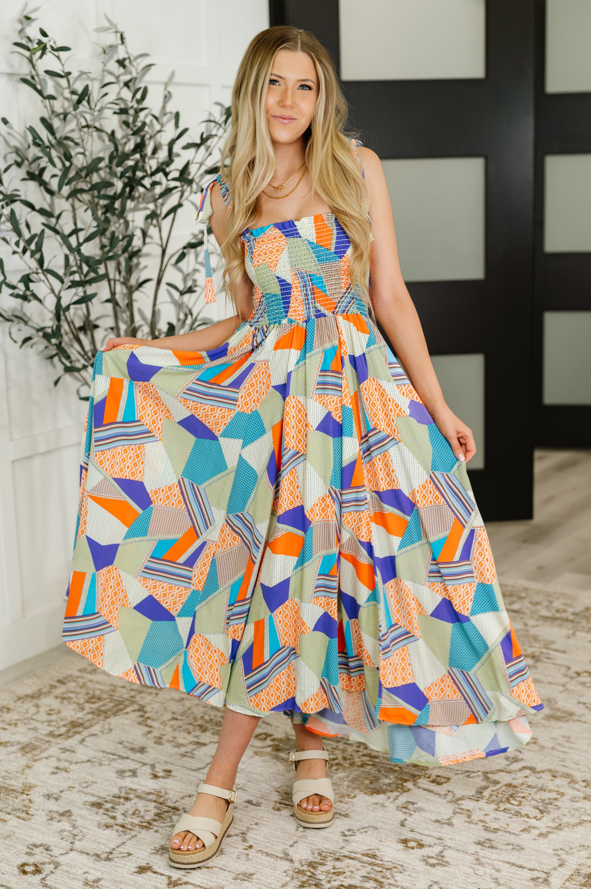 Paint Me Pretty Square Neck Dress in Lime, Blue and Tangerine Womens