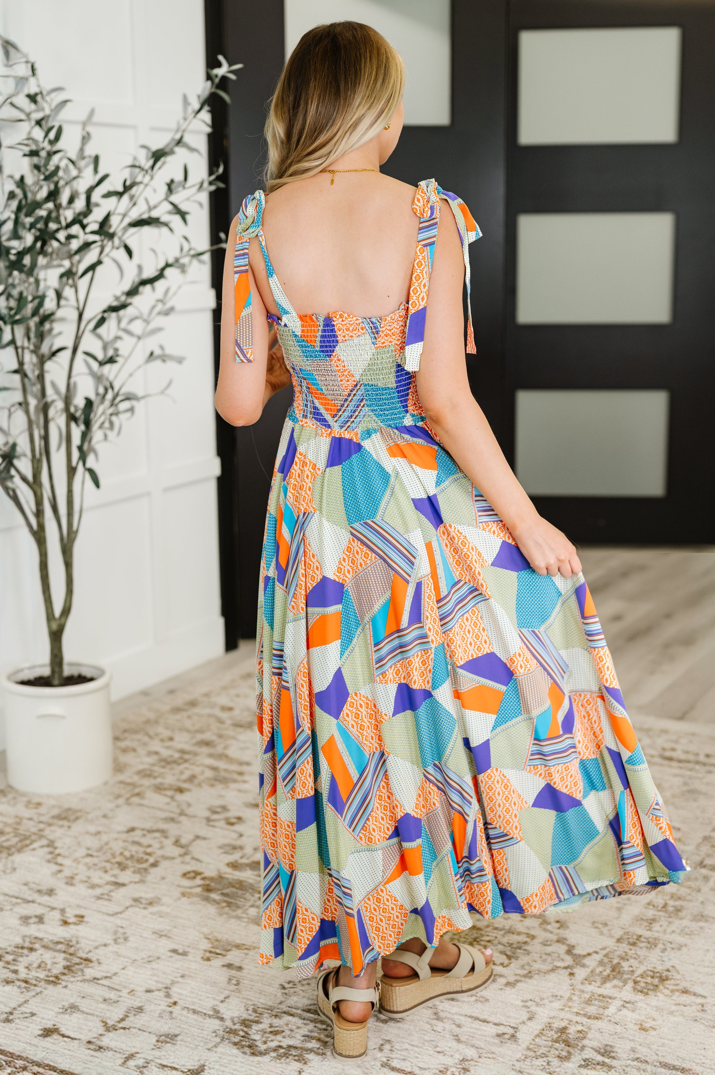Haptics Paint Me Pretty Square Neck Dress in Lime, Blue and Tangerine Womens