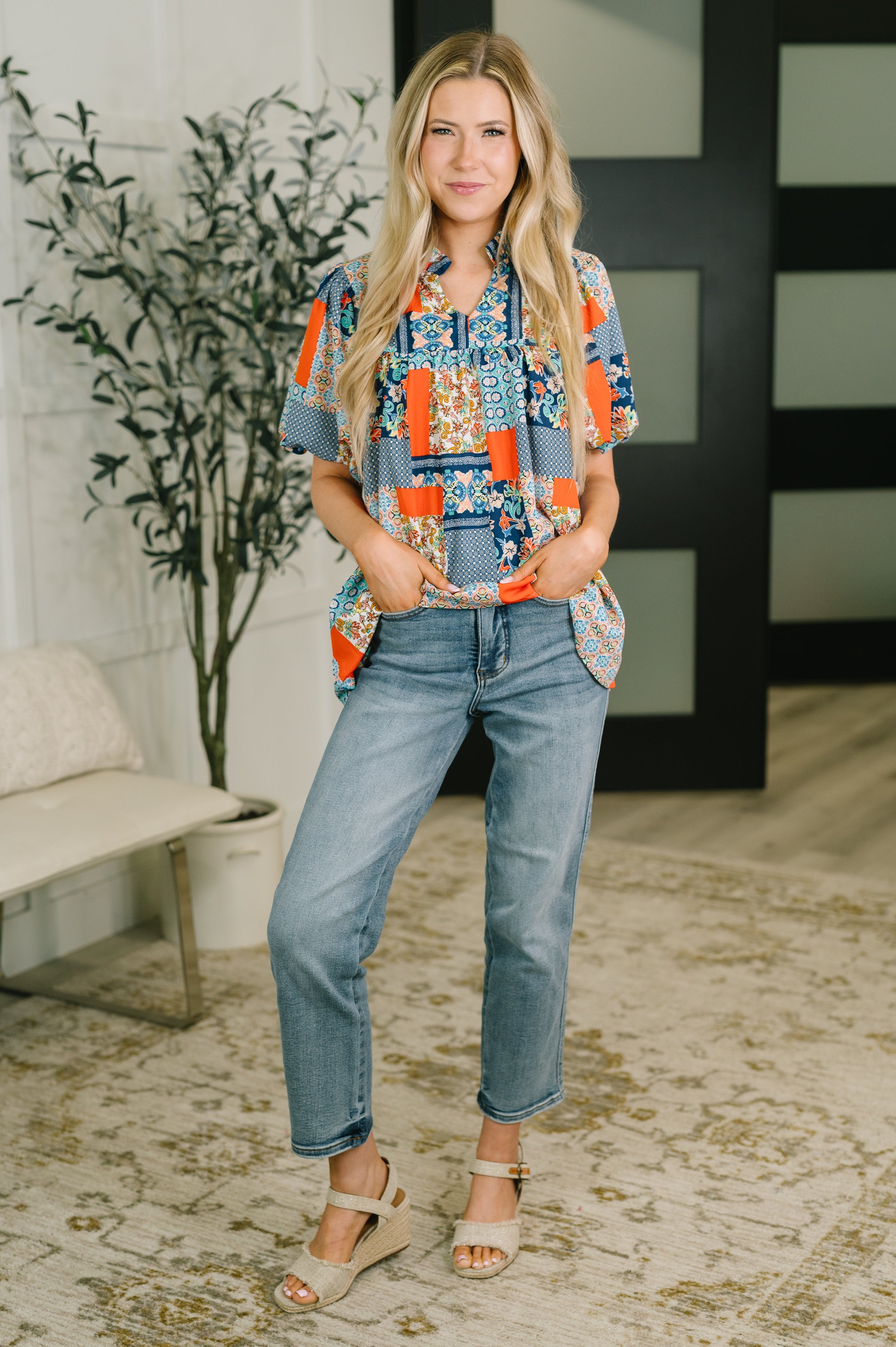Pardon Me Patchwork Puff Sleeve Blouse Womens