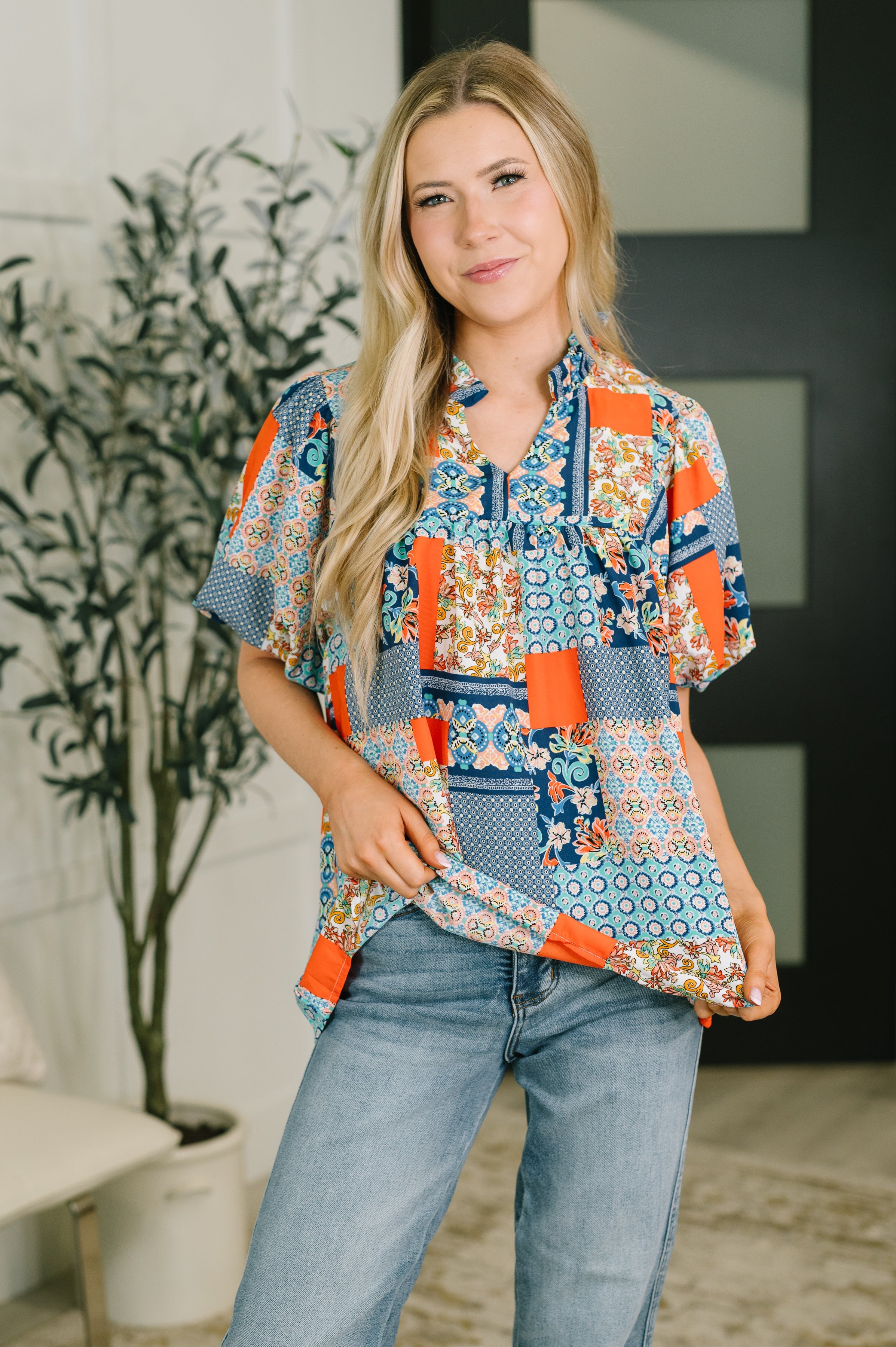 Pardon Me Patchwork Puff Sleeve Blouse Womens
