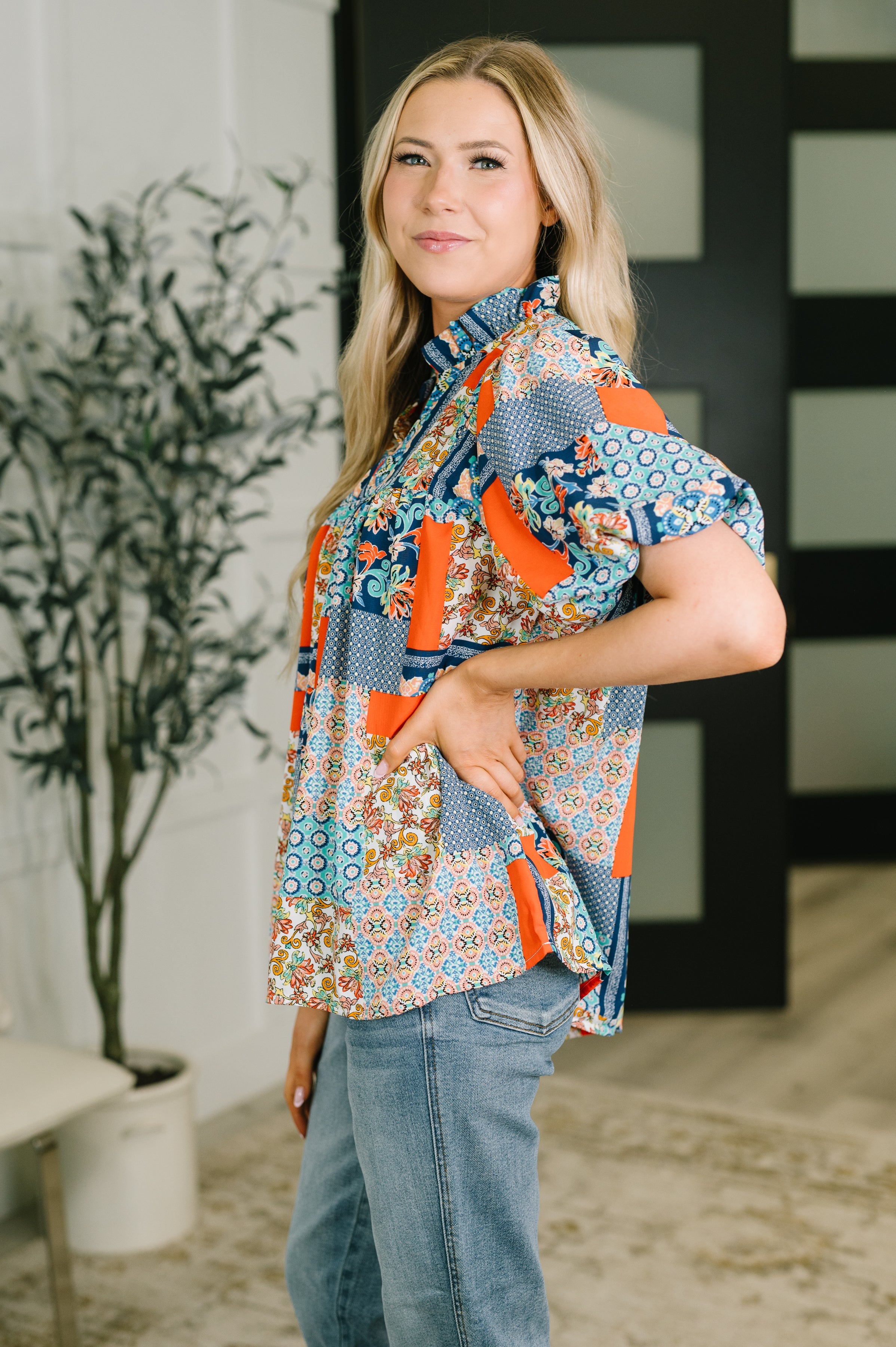 Pardon Me Patchwork Puff Sleeve Blouse Womens