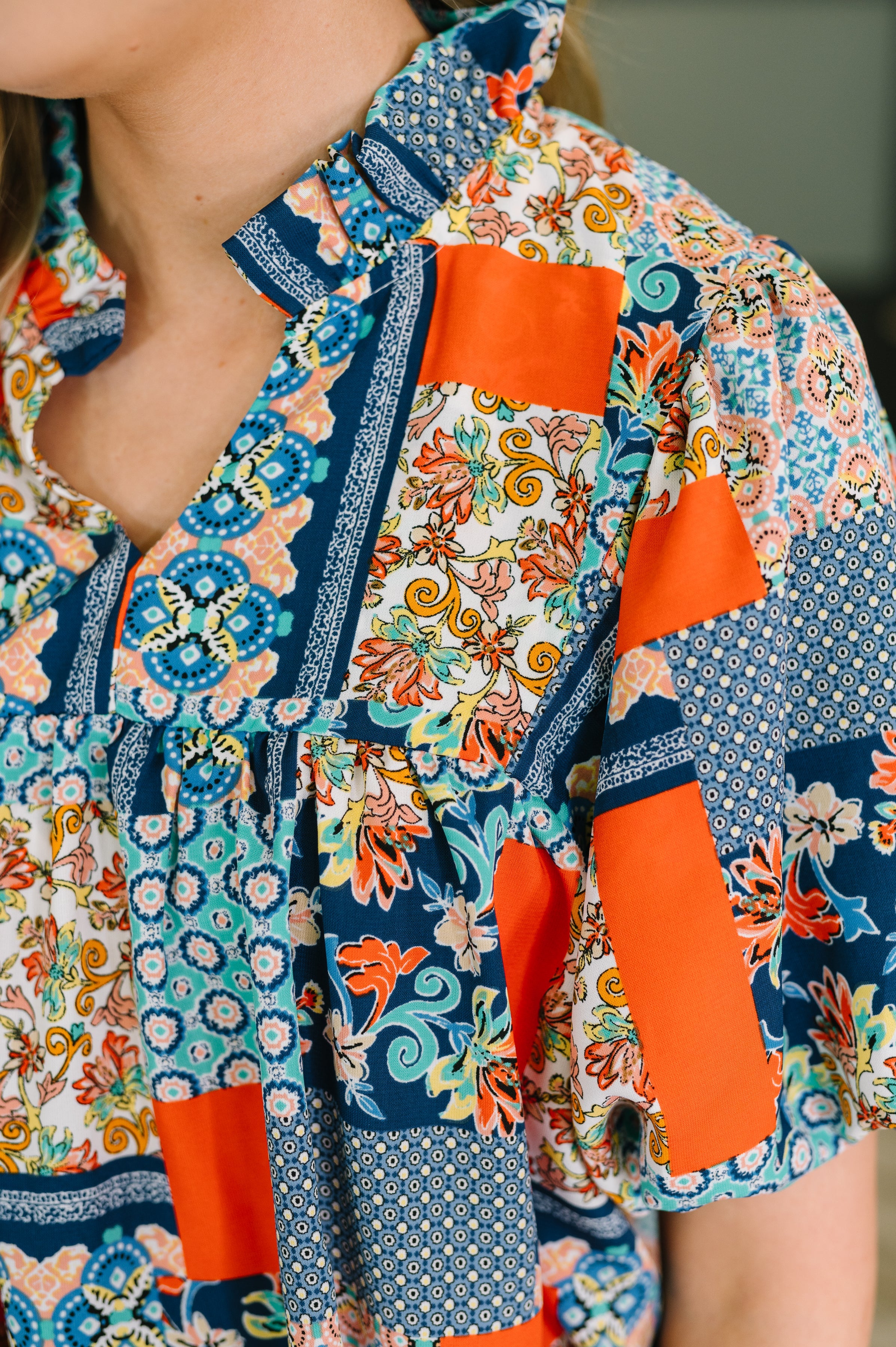 Pardon Me Patchwork Puff Sleeve Blouse Womens