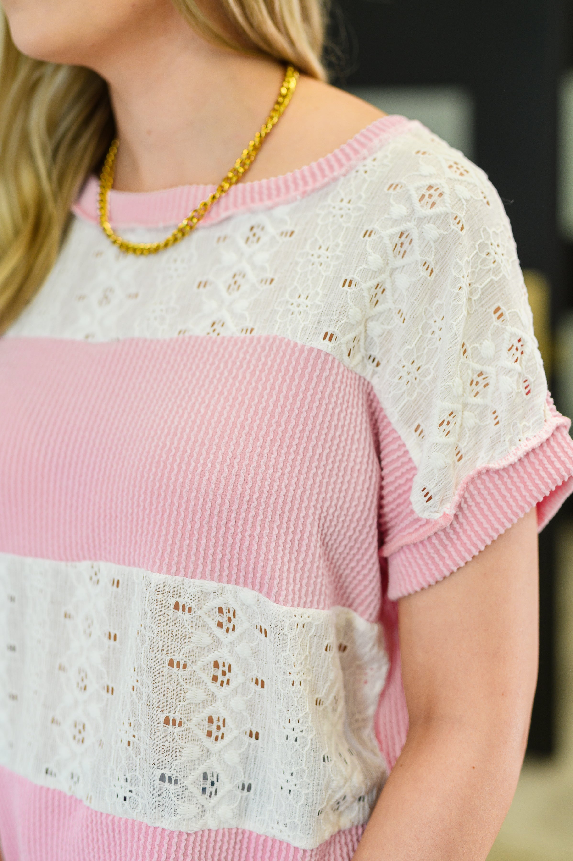 7th Ray Parlour Picnic Color Block Knit Top in Pink Womens