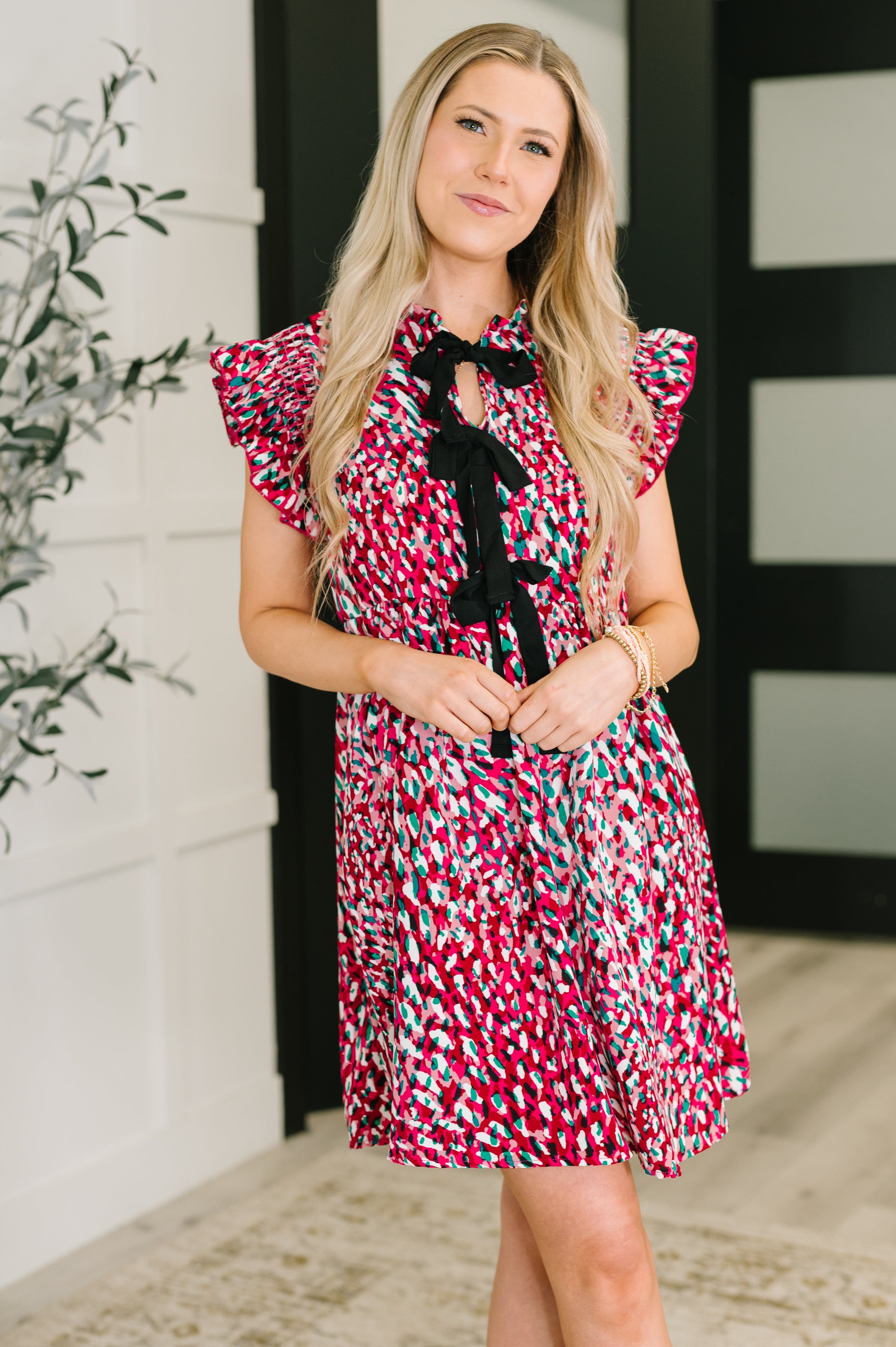 Haptics Pattern Pending Bow Detail Dress in Fuchsia and Black Womens