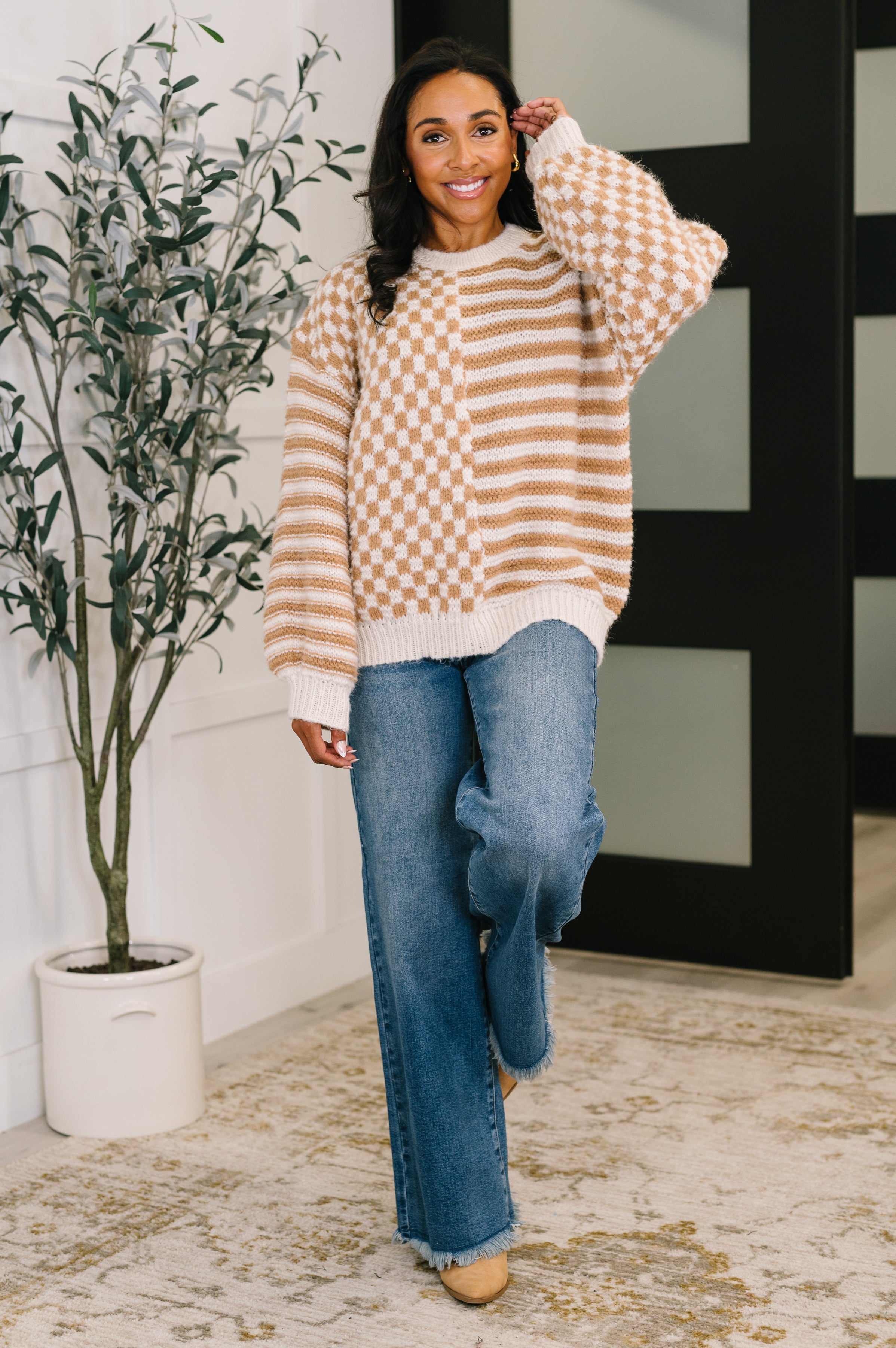 Haptics Pattern Play Oversized Pullover in Taupe Womens