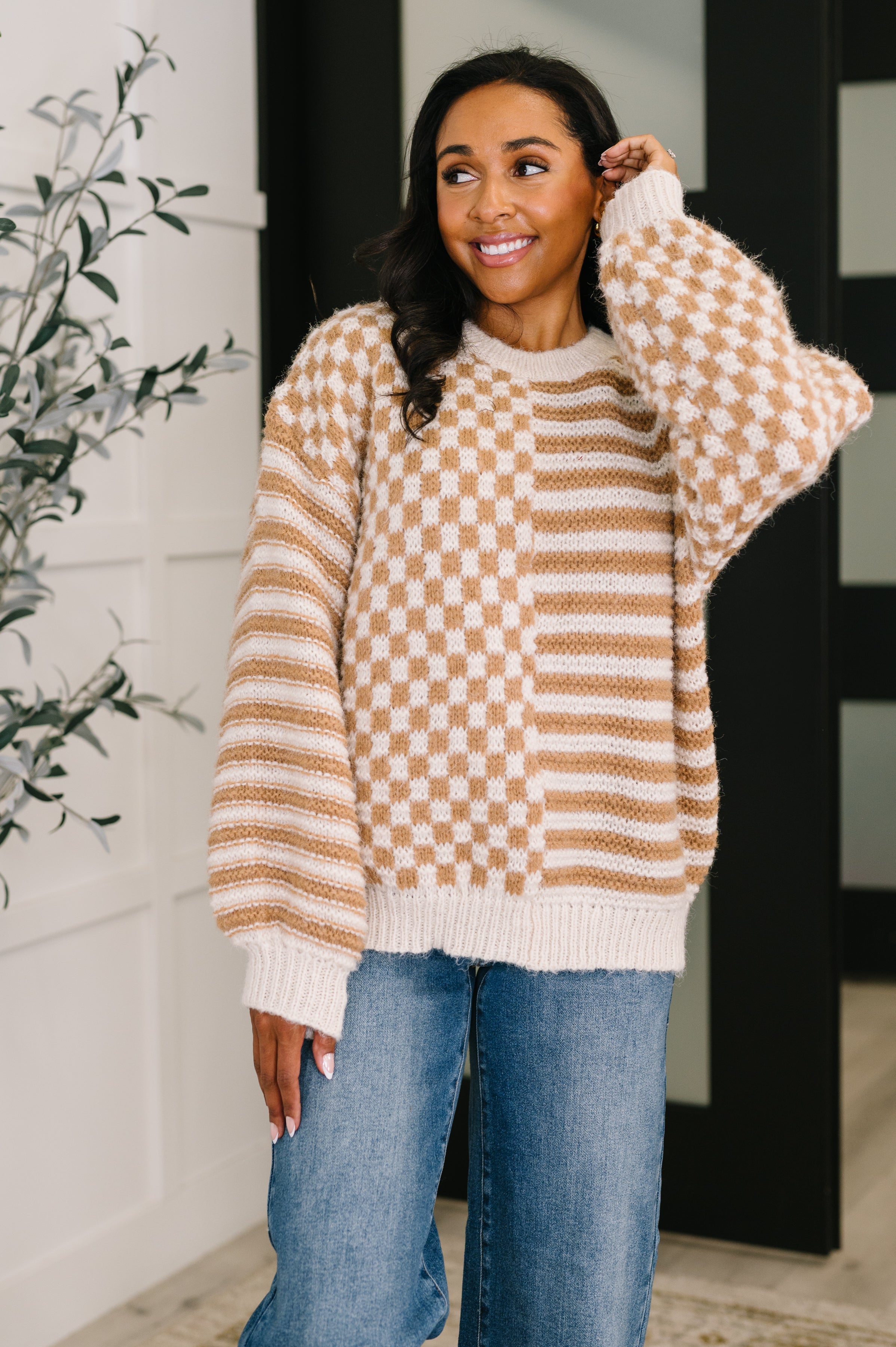 Haptics Pattern Play Oversized Pullover in Taupe Womens