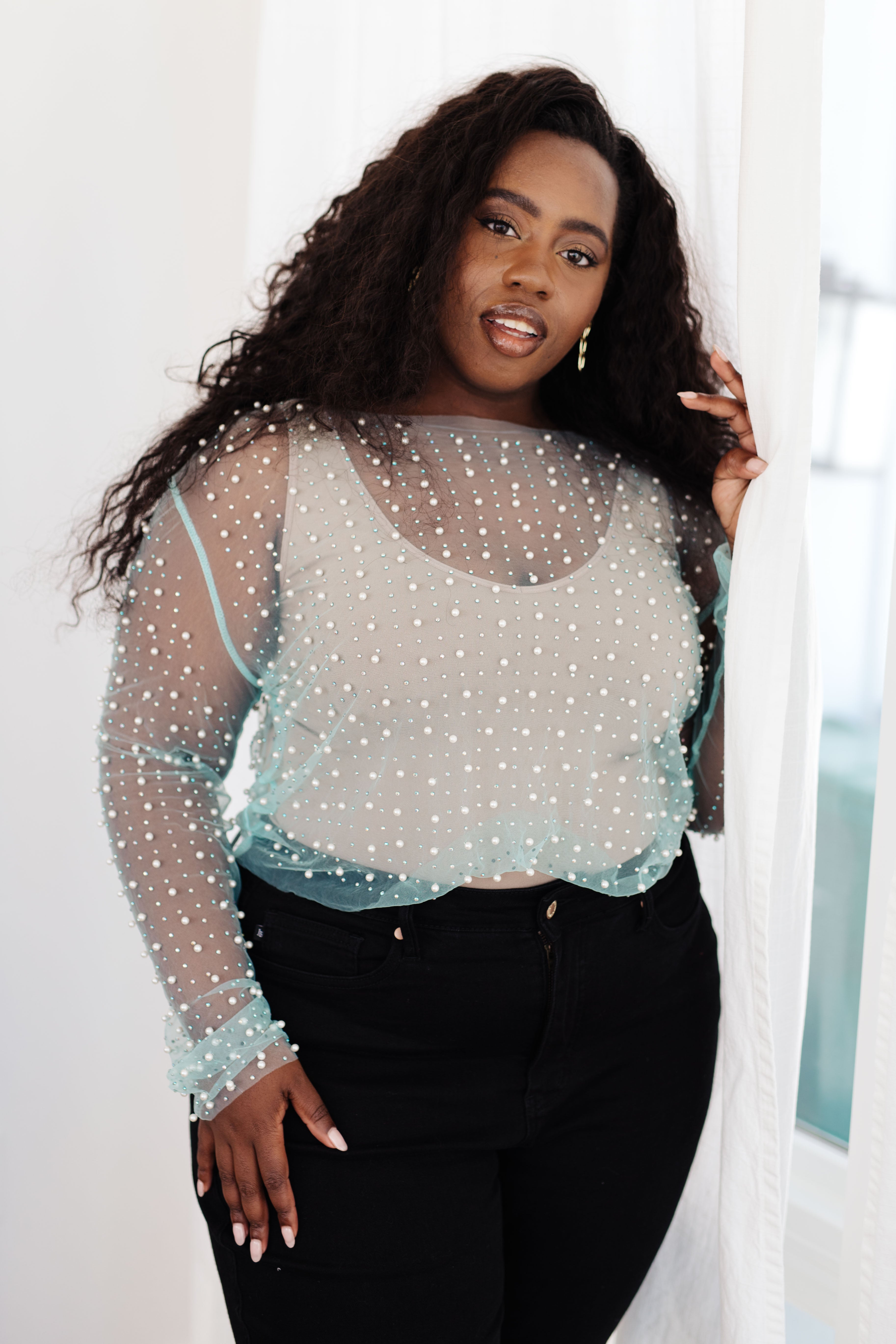 Black Faux Pearl Long Sleeve Twist Knit Top