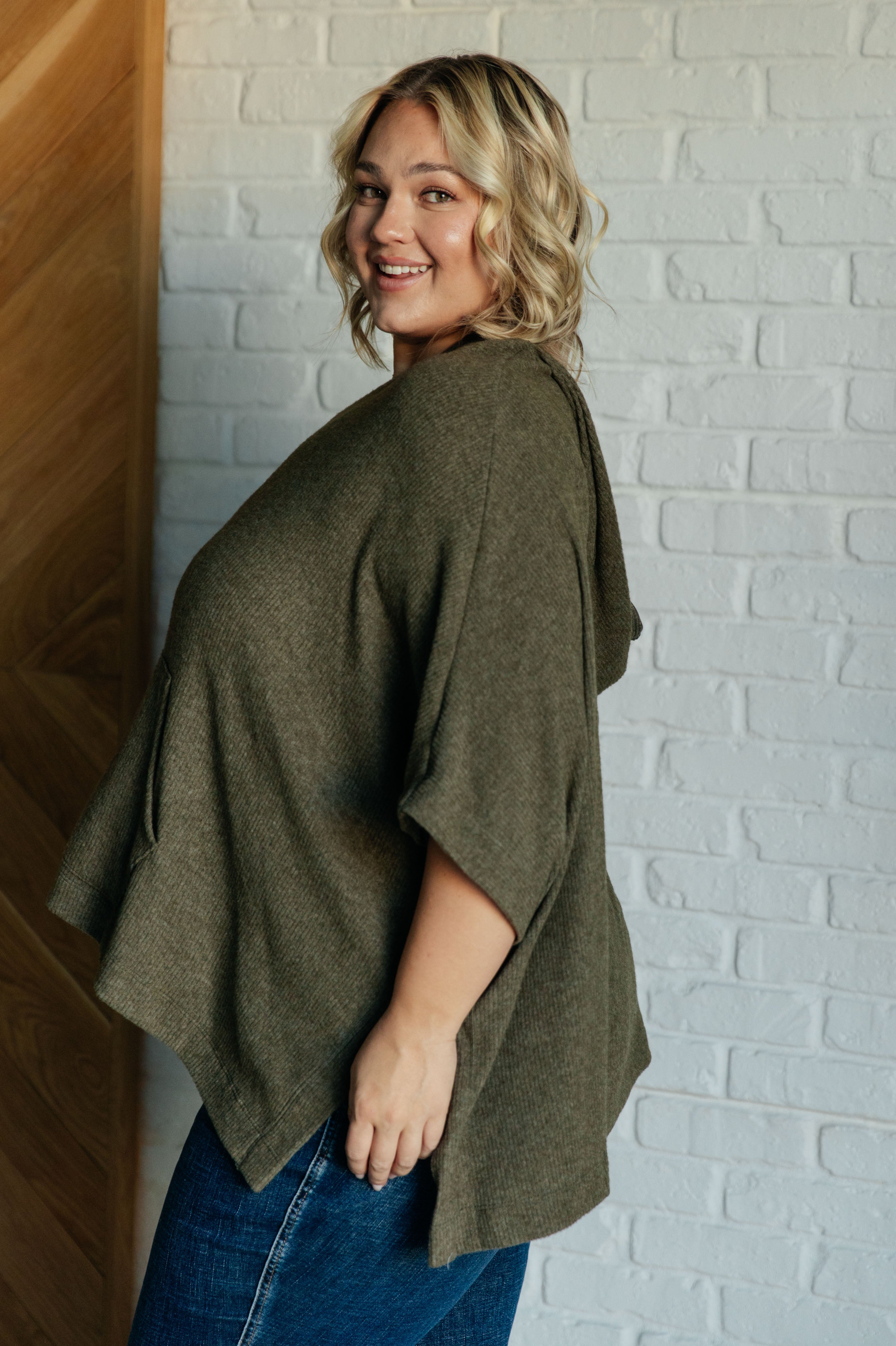 White Birch Perfectly Poised Hooded Poncho in Olive Shirts & Tops