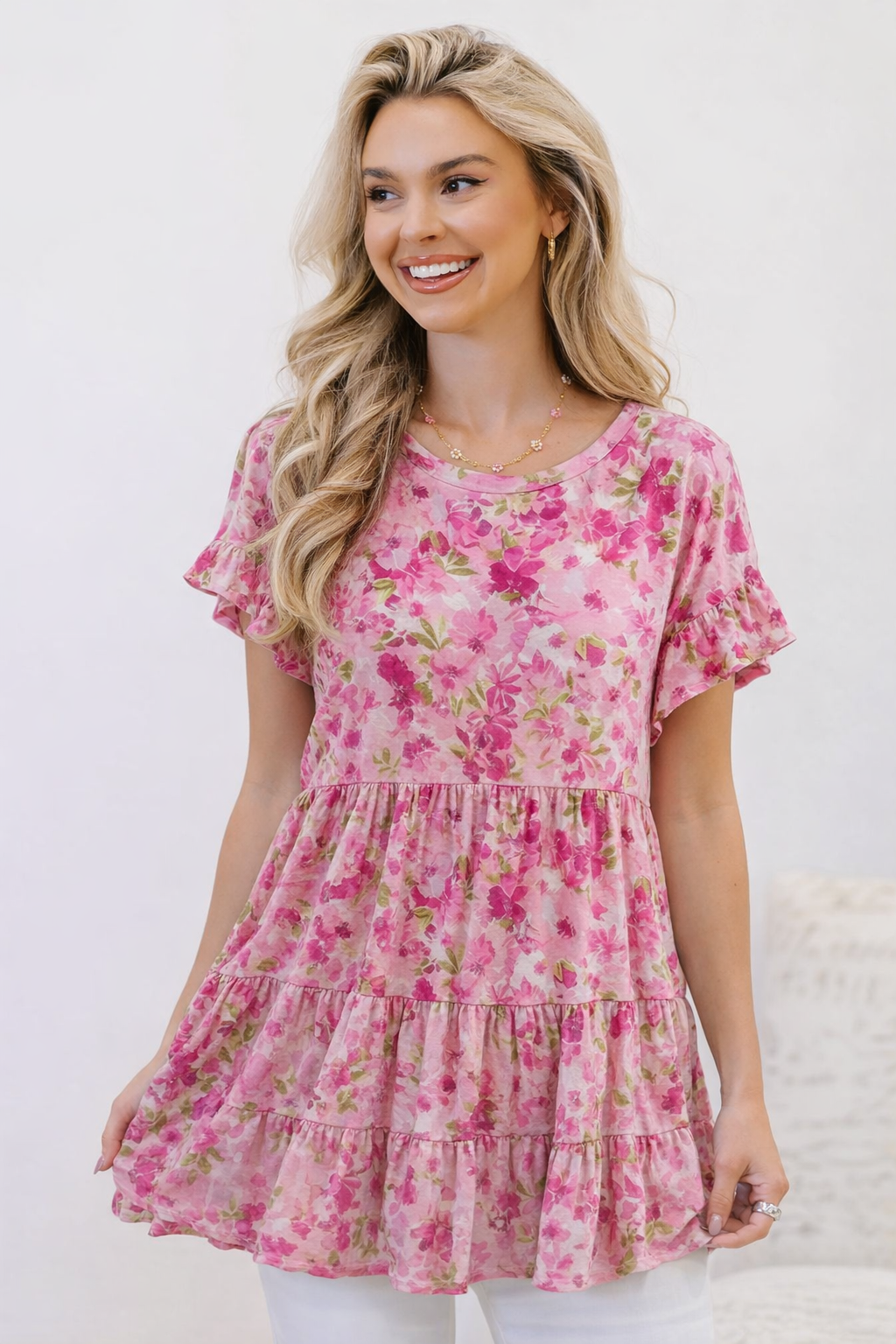 Haptics Petalfall Ruffle Pink Floral Top