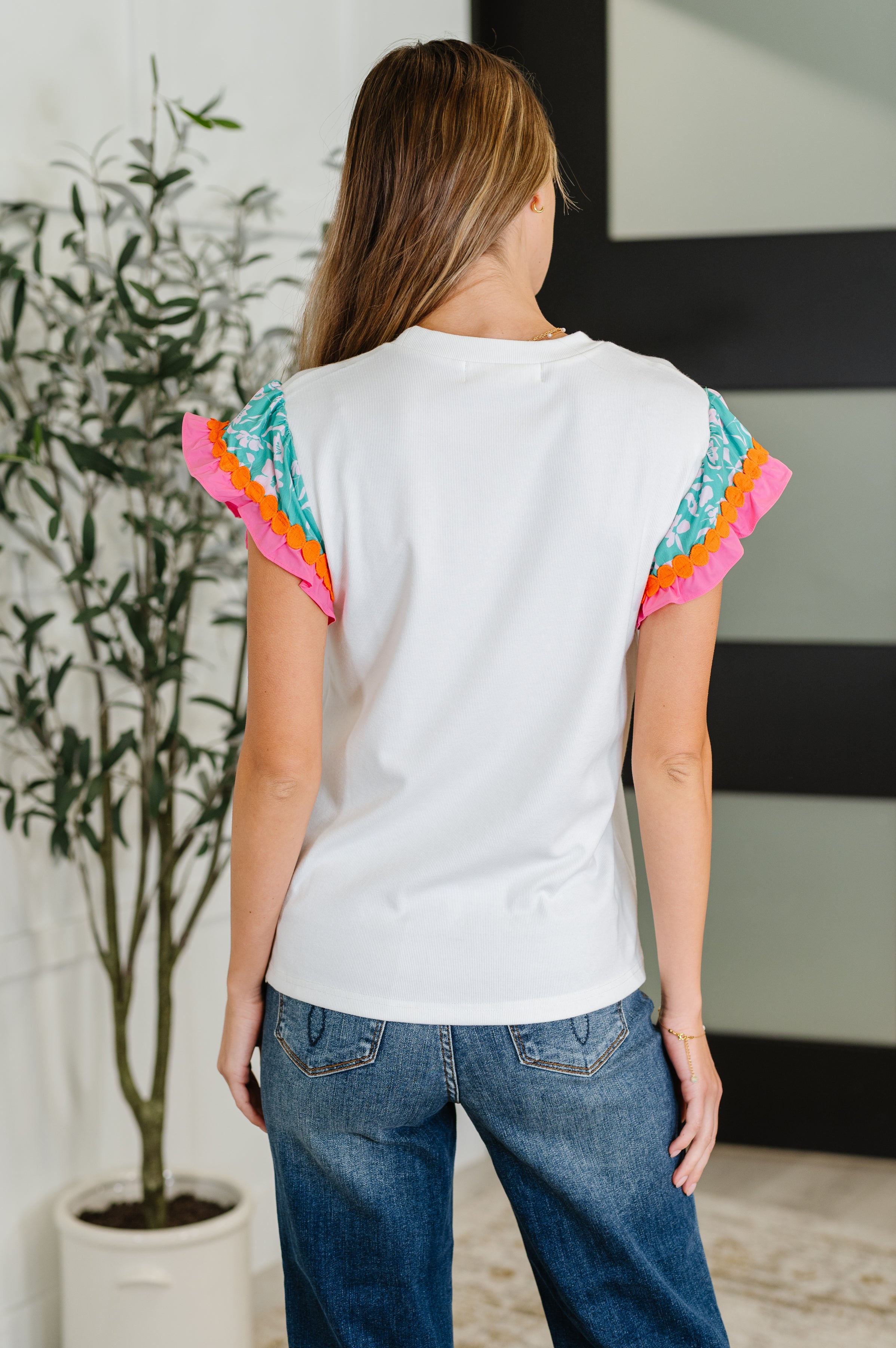 One Eleven North Petals & Poise Floral Flutter Sleeve Top in White Womens