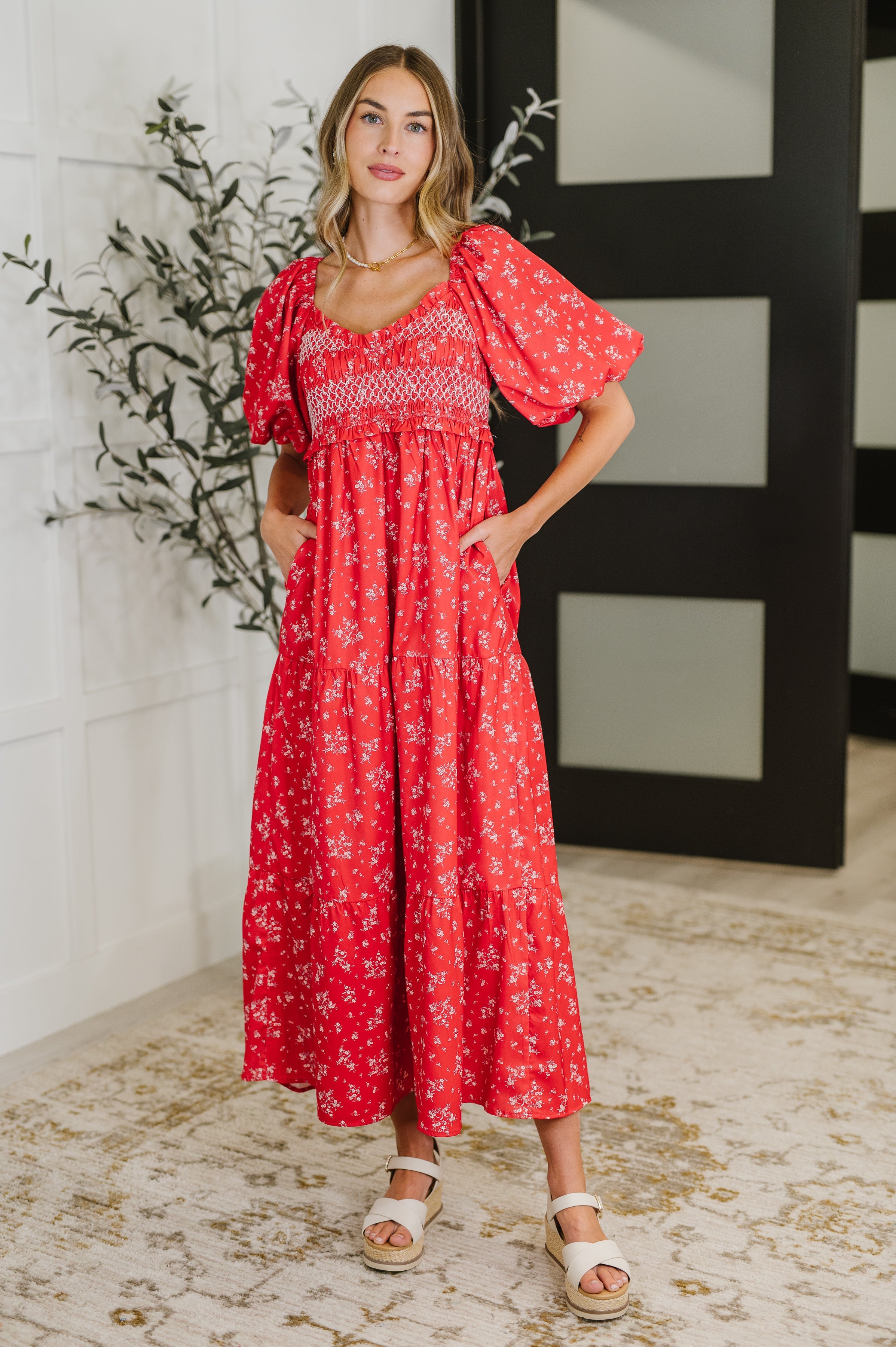 Polagram Petals & Promises V-Neck Dress in Red Multi Womens