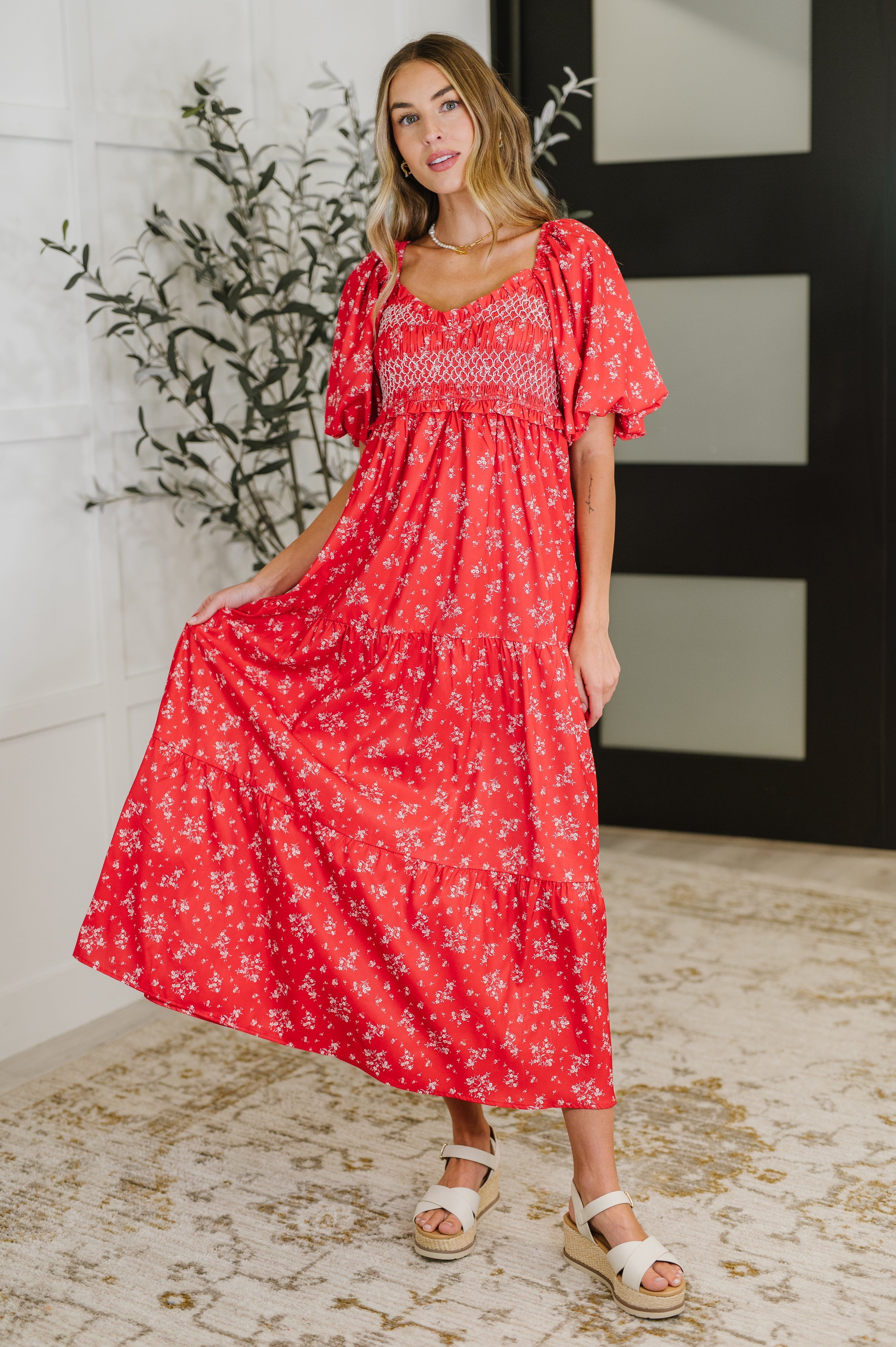 Polagram Petals & Promises V-Neck Dress in Red Multi Womens
